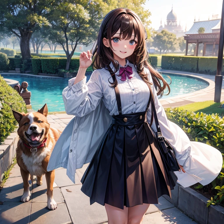 animesque、a beauty girl、idol、morning、a park、stroll、a Dog、Brown hair、Tall、Winters、coat、skirt by the、Chic colors、a smile、wave her hand