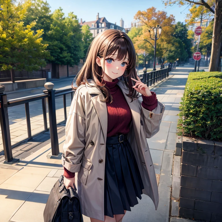 animesque、a beauty girl、idol、morning、a park、stroll、a Dog、Brown hair、Tall、Winters、coat、skirt by the、Chic colors、a smile、wave her hand