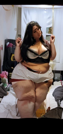 realistc , ultra realistc , 1girl, full body obese, fat girl, white shorts, black bra, inside bedroom
