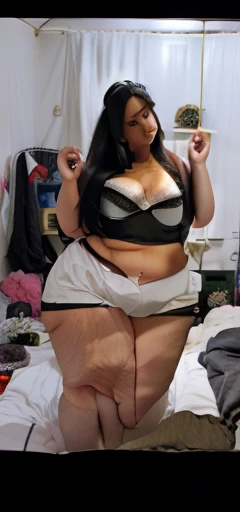realistc , ultra realistc , 1girl, full body obese, fat girl, white shorts, black bra, inside bedroom