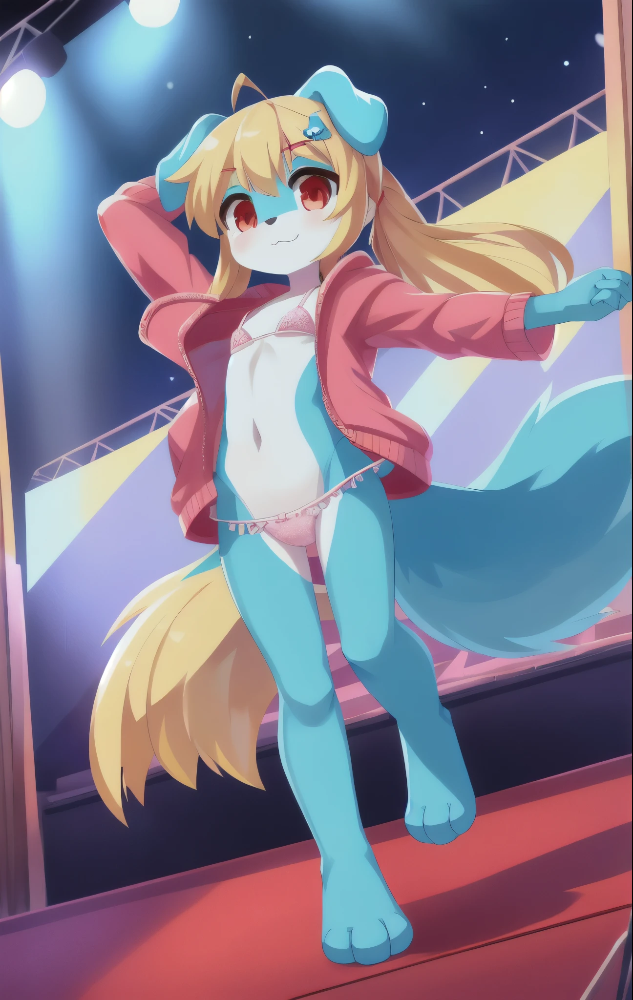 Furry girl, young, dog, cute hair, long ponytail, blonde hair, stars hairpin, red eyes, small breasts, detailed body fur, small pink jacket, open clothes, white frilly bikini, White frilly skirt, masterpiece, looking at you, two tone body fur, turquoise body fur, clear turquoise body fur, detailed face, big eyebrows, detailed eyes, detailed body, concert stage, detailed hands, glistering body, shiny body, skinny, :3, floppy dog ears, full body, paws whit three toes, frontal view,