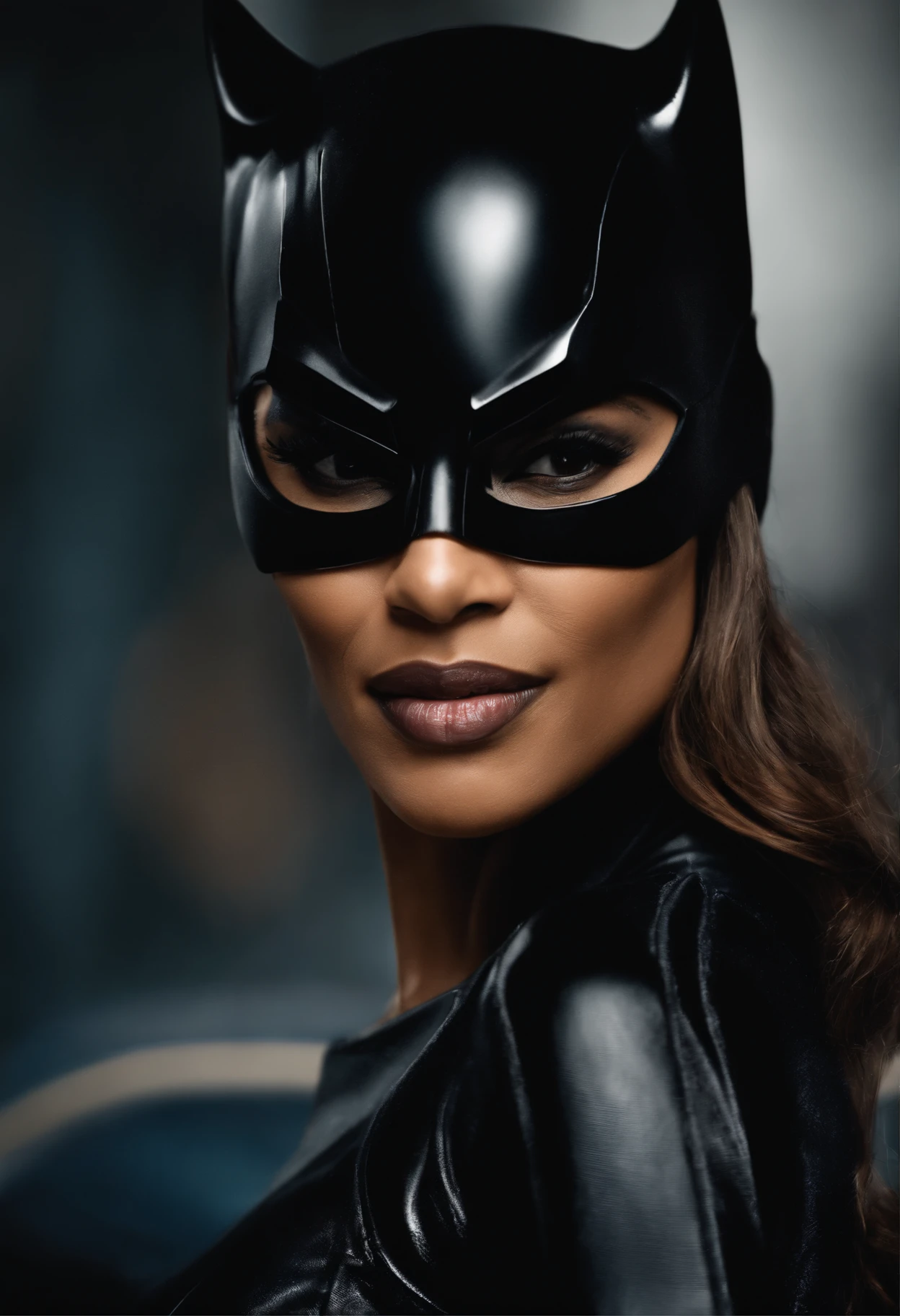 a woman (sofia vergara) in a black catsuit, dramatic long eyelashes, glossy lips, beautiful detailed eyes, extremely detailed face, voluptuous figure, gracefully draped over the Batmobile, in the dark moody Batcave, glamorous fashion photography, low angle shot, cinematic lighting, high contrast, vivid colors, photorealistic, 8k, best quality, masterpiece