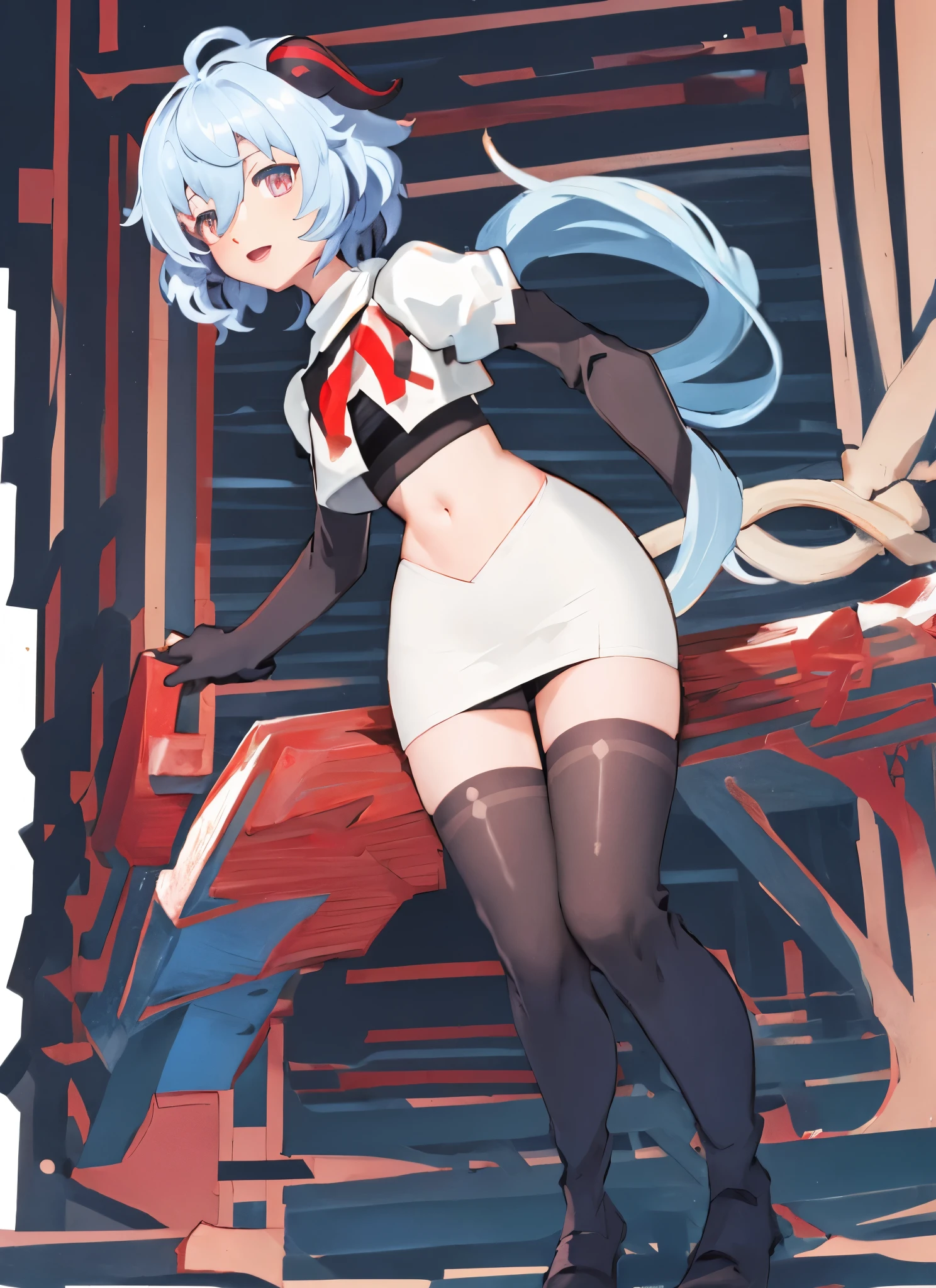 ganyudef, short hair, team rocket,team rocket uniform, red letter R, white skirt,white crop top,black thigh-highs,black elbow gloves