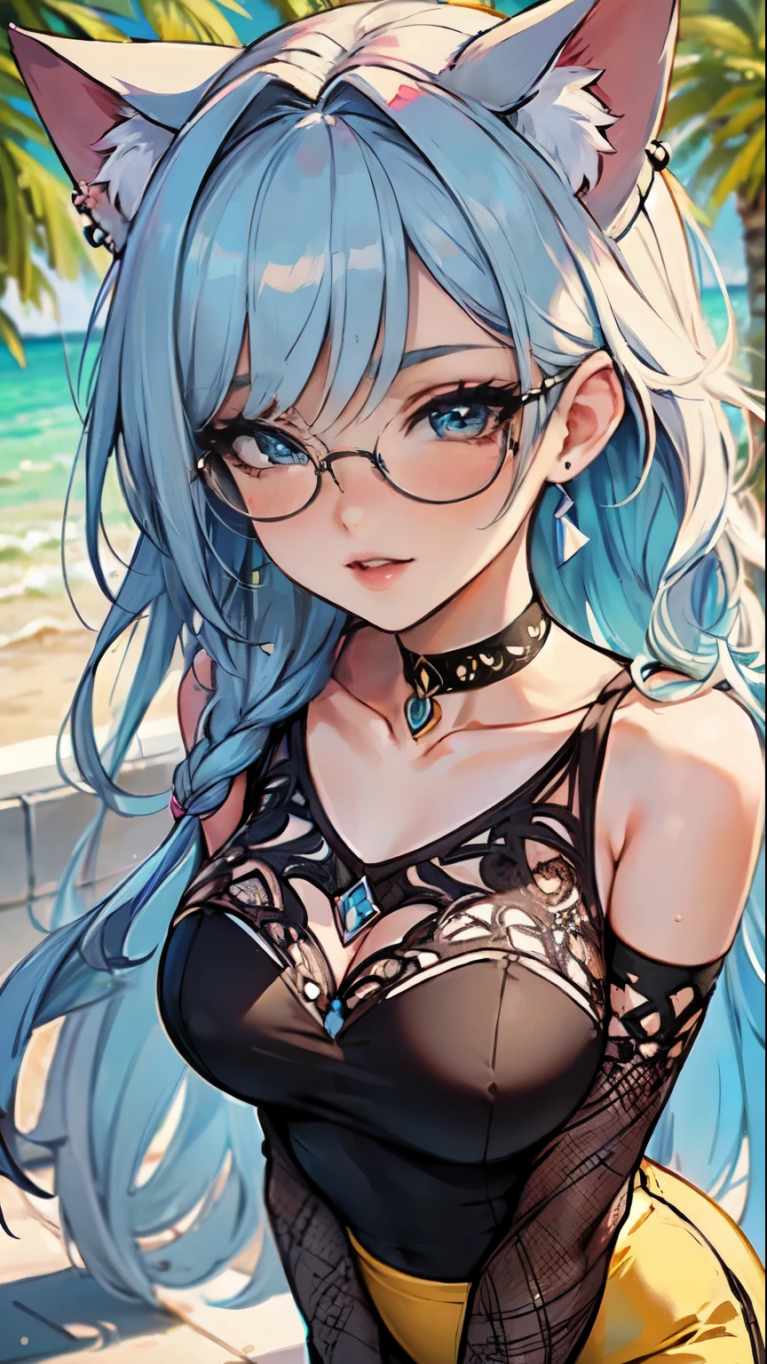 Masterpiece, beautiful art, professional artist, 8k, art style by sciamano240, very detailed face, very detailed hair, very detailed clothes, 1girl, perfectly drawn body, beautiful face, long hair, light blue hair , very detailed blue vertical cat eyes, square glasses, pouty lips , rosey cheeks, intricate details in eyes, extreme close up of face, see only head and neck, staring directly at viewer, wearing cute summer clothes, necklace, choker, earrings, pencil skirt, black tigh boots, wedding ring, smiling, in love with the viewer expression, sunny summer setting, walking outside,