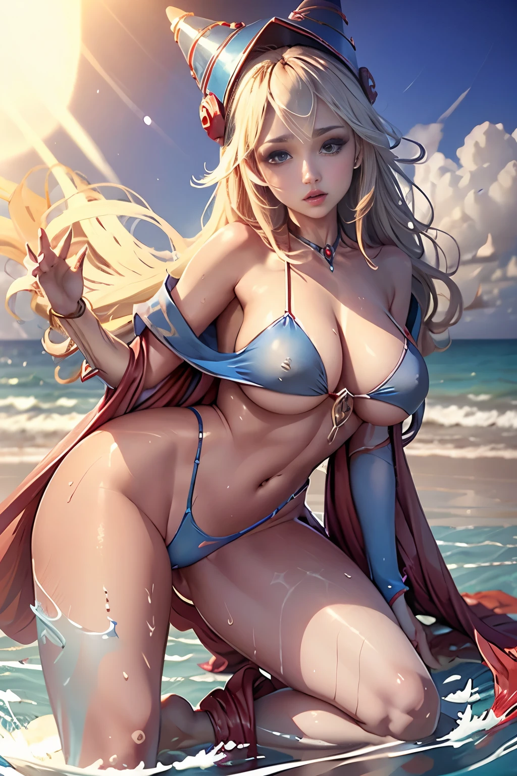 Dark magician gils en la playa. Cabello rubio y largo, ojos azules, labios rojos, micro bikini, en medio del agua, cuerpo completo y mojado, pose sejustiva y sensual, fondo de mar, sol y nubes