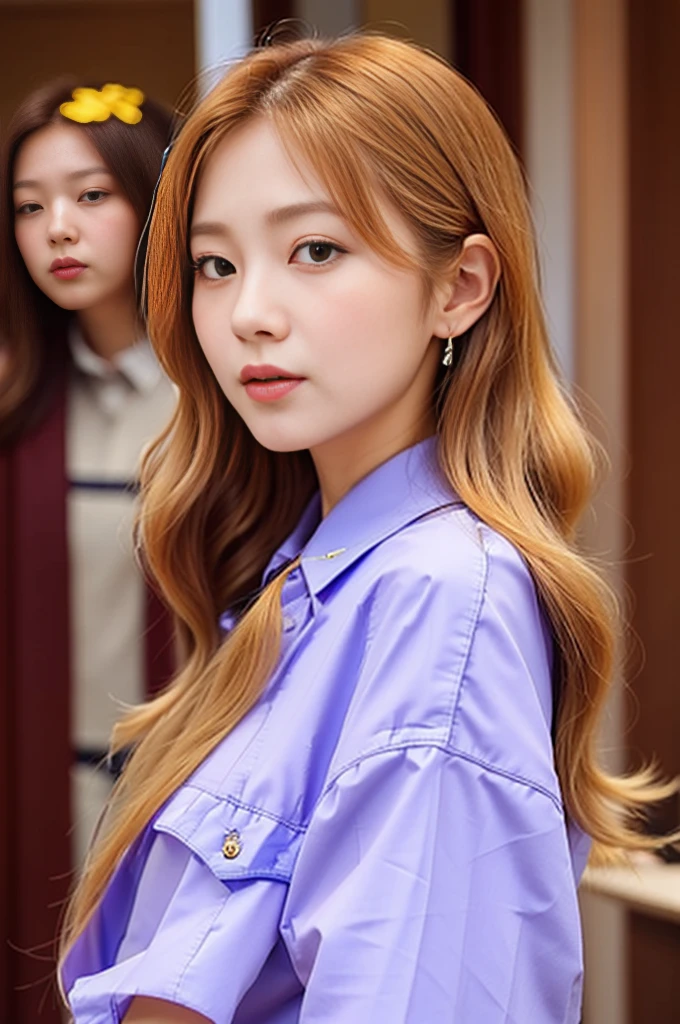 a close up of a woman with long hair wearing a blue shirt, jaeyeon nam, tzuyu from twice, jinyoung shin, portrait of female korean idol, portrait of jossi of blackpink, korean artist, roseanne park of blackpink, ash blond greyish hair, heonhwa choe, wavy shoulder-length hair, lee ji-eun, lee ji - eun
