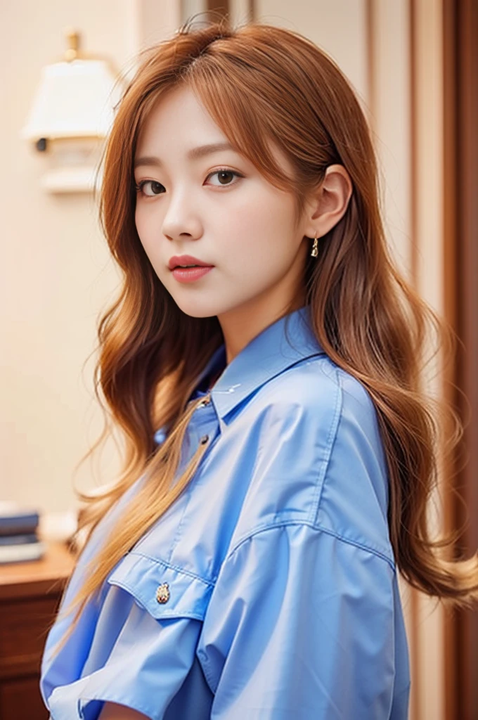 a close up of a woman with long hair wearing a blue shirt, jaeyeon nam, tzuyu from twice, jinyoung shin, portrait of female korean idol, portrait of jossi of blackpink, korean artist, roseanne park of blackpink, ash blond greyish hair, heonhwa choe, wavy shoulder-length hair, lee ji-eun, lee ji - eun