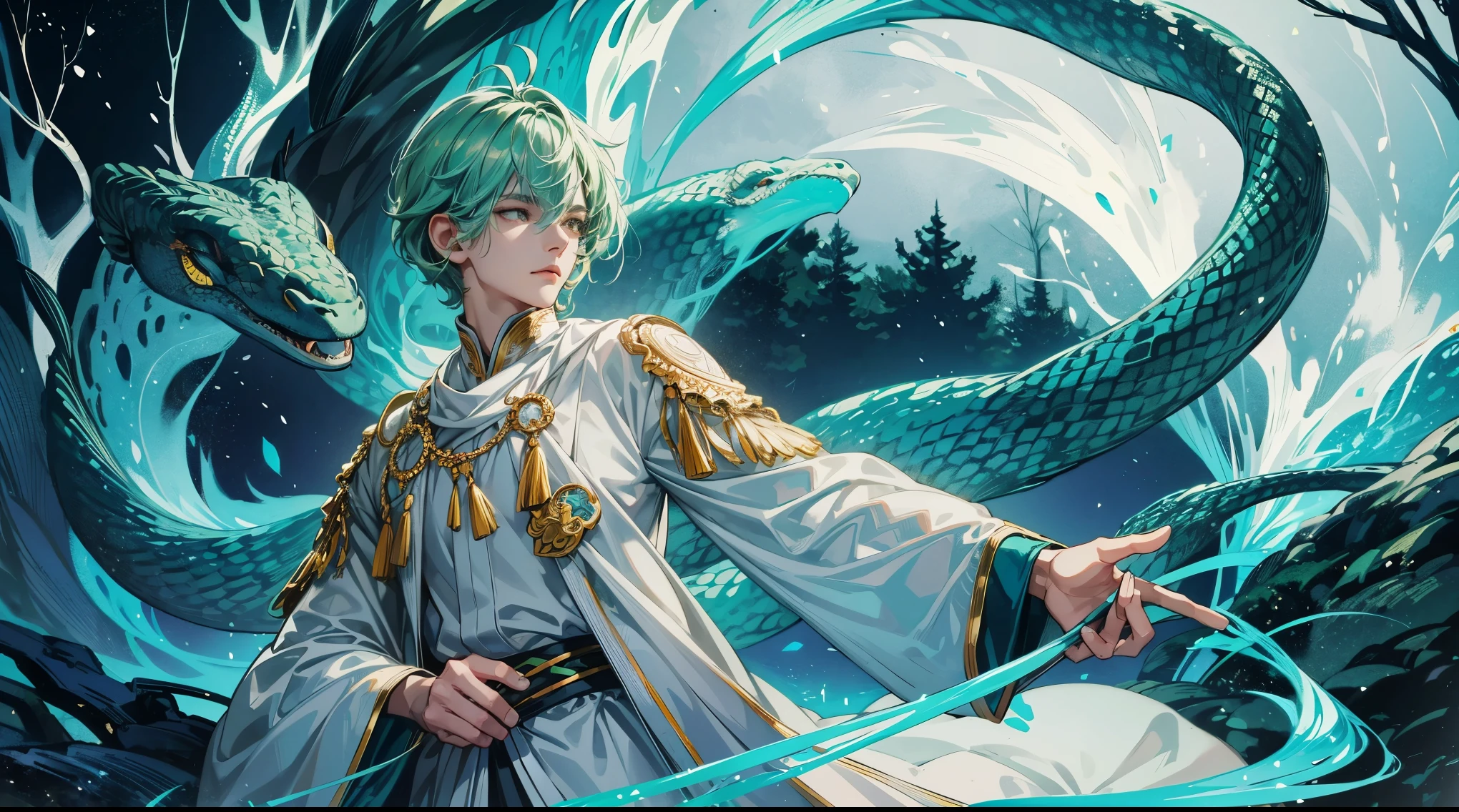 A scene on the edge of the forest on a moonlit night. A character with short green hair and white clothes stands among the trees facing the viewer. This character holds an exotic snake that coils around his arms and seems to be an extension of himself. The soft moonlight highlights these characters, creating a mysterious silhouette, detailed body, detailed clothes, detailed hair, detailed hand, detail arms, detailed fingers, detailed color, detailed anatomy