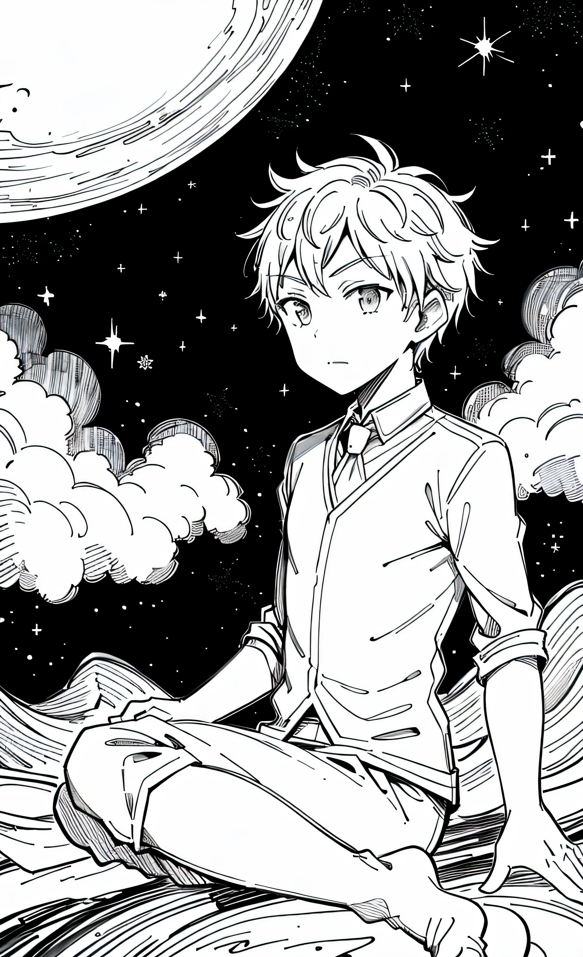 (best quality, masterpiece), 1 boy, galaxy, glitter, costume, particle, wind, stars, upper body, dark simple background, looking at the stars, sitting in the moon, looking at viewer, manga style, manga, black and white