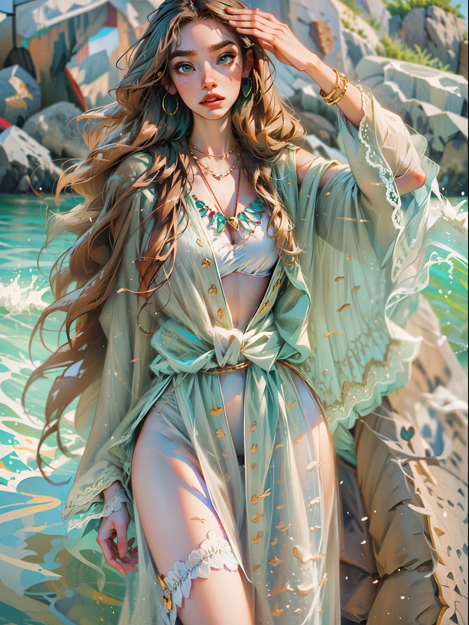 (((huge chest))), long hair, fine ruby necklace, beach, seaside, coconut palms, pale green lace suit, coast, feldspar step platform.