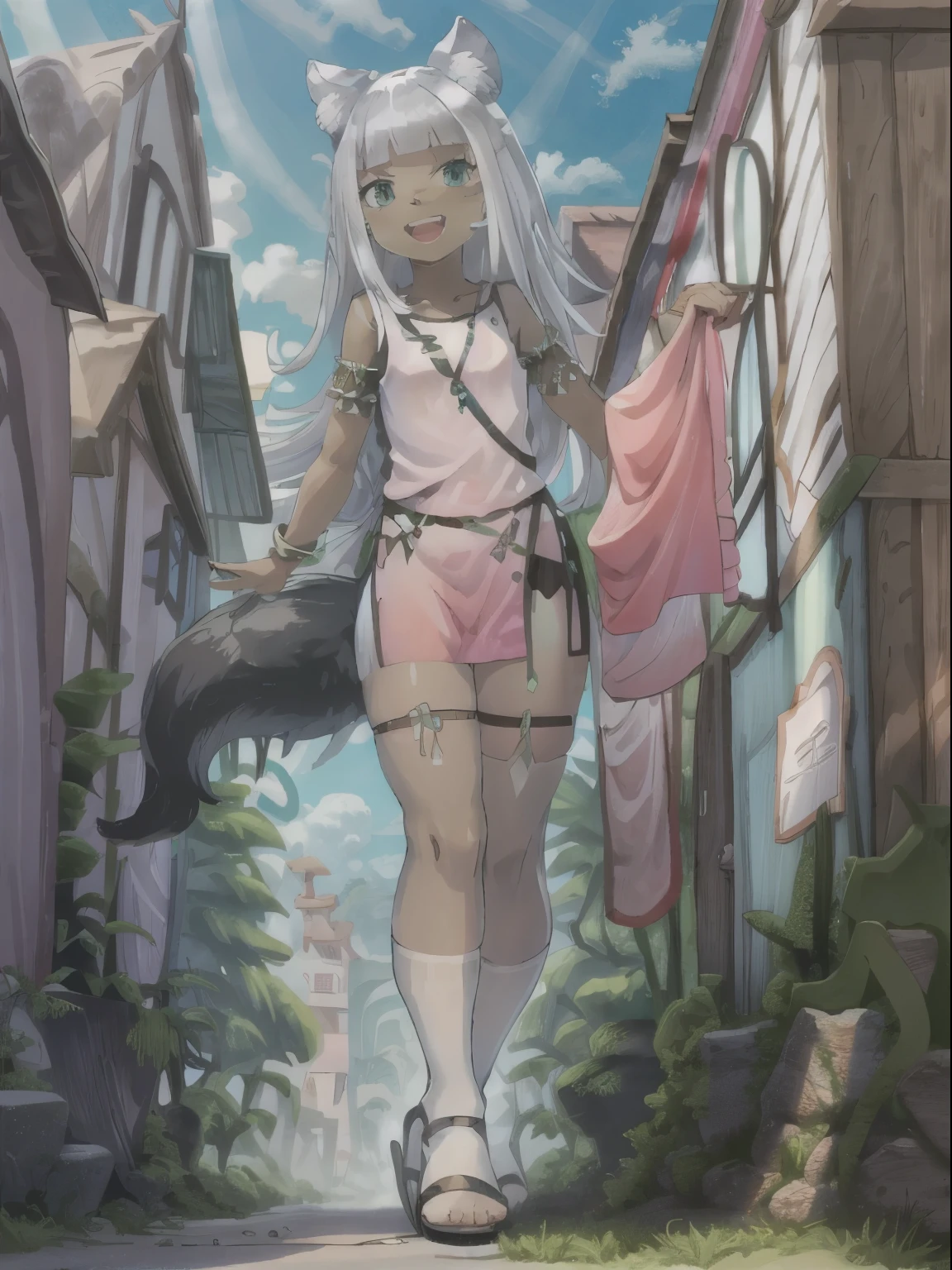 Ochette, girl, dark skin, white hair, green eyes, giantess, huge, small viewer, 70 ft tall, cute, full body, best quality, pink dress, metal bracelets, larger than buildings, flat ground, street, ground visible, black shorts, wearing shorts, adorable, kind, gentle, empty hands, small build, slim, smiling, detailed mouth, size difference, standing over skyscrapers, sandals, tiny city, socks, loose clothes, perfect proportions, wolf tail