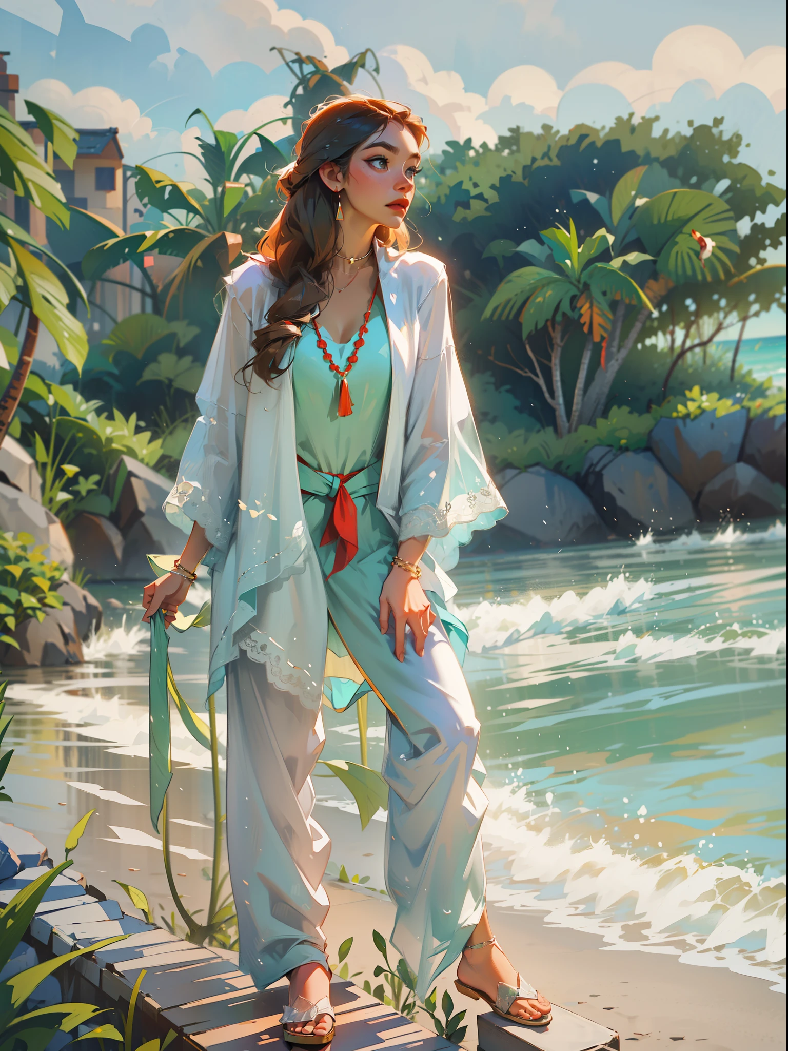 (((huge chest))), long hair, fine ruby necklace, beach, seaside, coconut palms, pale green lace suit, coast, feldspar step platform.