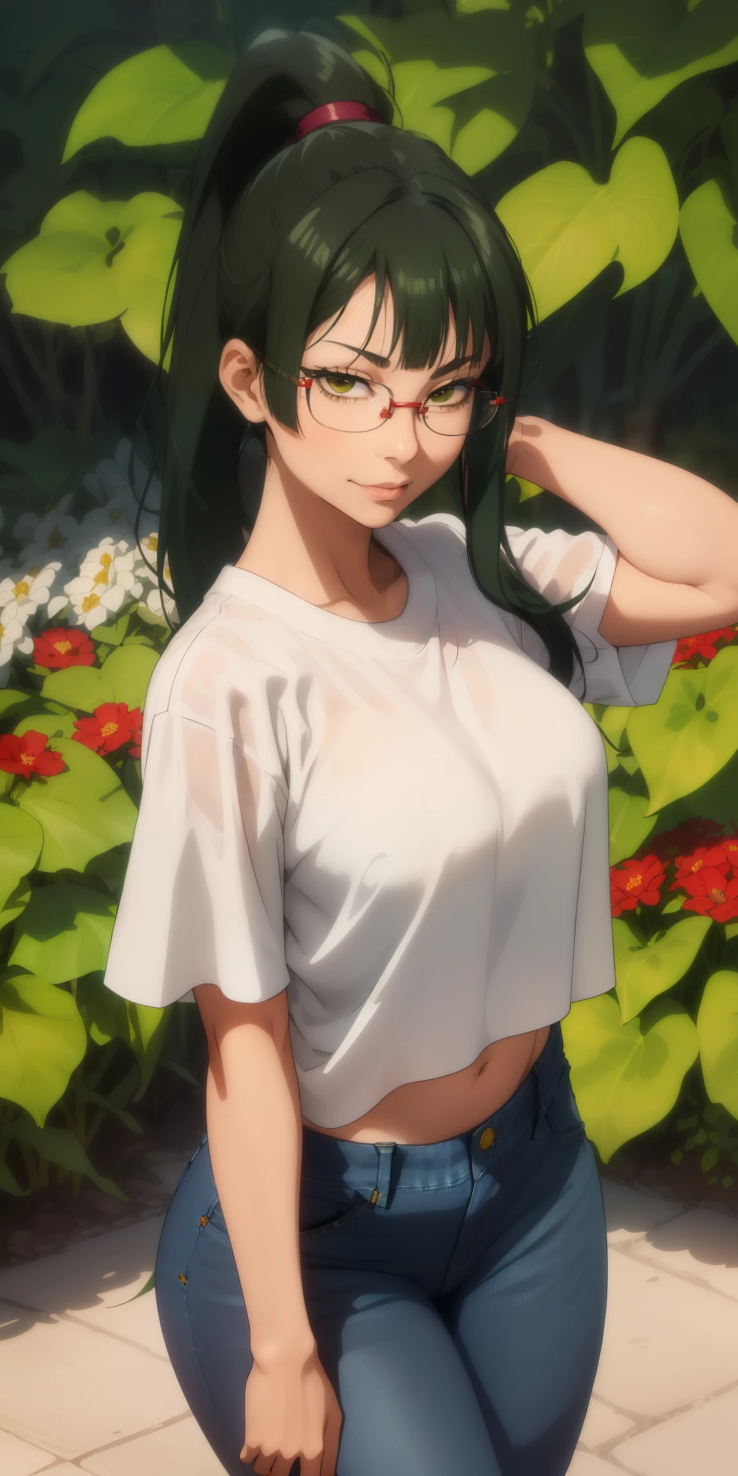 Large round breasts, Maki Zenin ((Maki Zenin)), ((Her hair is dark green, with cut bangs, straight at the height, high ponytail, wears prescription glasses)), double eyelids, beautiful hazel eyes, and details, hyper detailed, light effect on the eyes, detailed irises, sensual body, ((cool red cropped top, jeans, delicate, beautiful and sensual)), cleavage, ((masterpiece, hyper realistic, hyper detailed, best quality, 16k, light and shadow on the skin, vivid colors), eyeliner, sensual expression, perfect lips, innocent and sexy face, (light skin), beautifully seductive and embarrassed, all shy with a sweet smile ((Maki Zenin is very beautiful )), flirting with the viewer, beautiful, charming, (sensual pose in the flower garden)