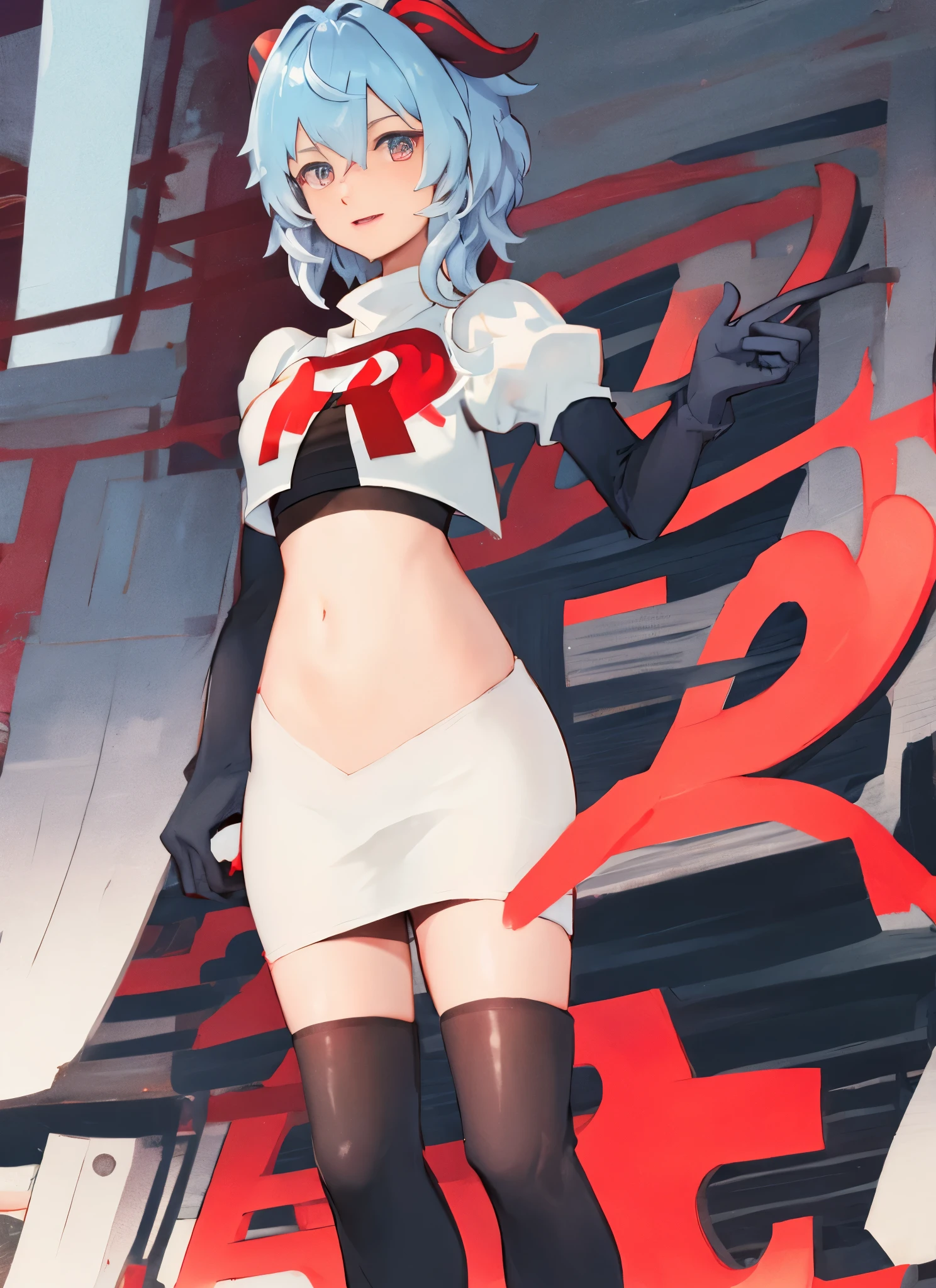 ganyudef, short hair, team rocket,team rocket uniform, red letter R, white skirt,white crop top,black thigh-highs,black elbow gloves