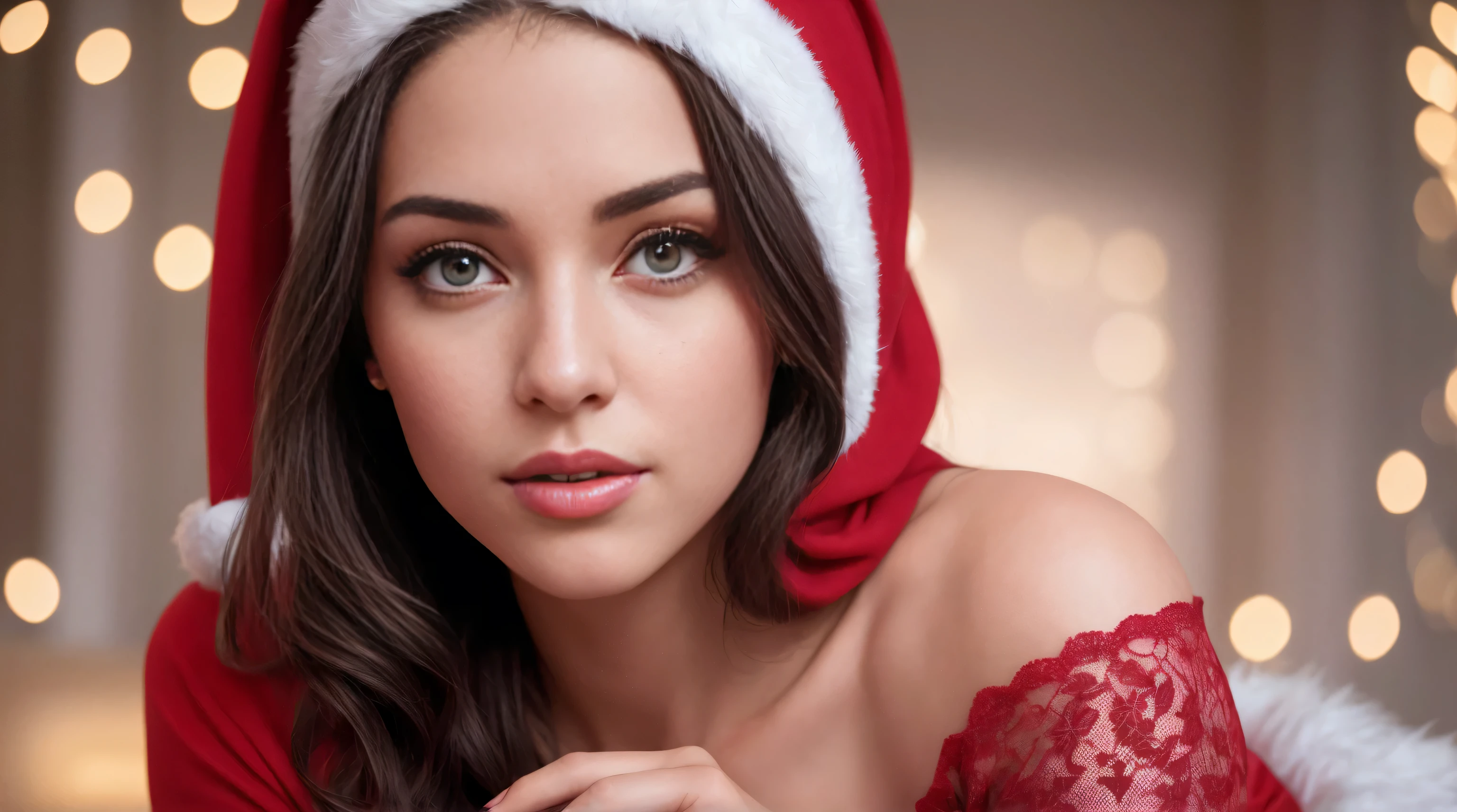 best quality,ultra-detailed,highres,(realistic:1.37),(portrait:1.2),beautiful detailed eyes,beautiful detailed lips,extremely detailed eyes and face,long eyelashes,1girl,medium boobs,red hijab,red long t-shirt,red lingerie,candy,christmas,santa,white liquid,bokeh,studio lighting,vivid colors,colorful lights,soft lighting,lovely and warm atmosphere,modern,contemporary