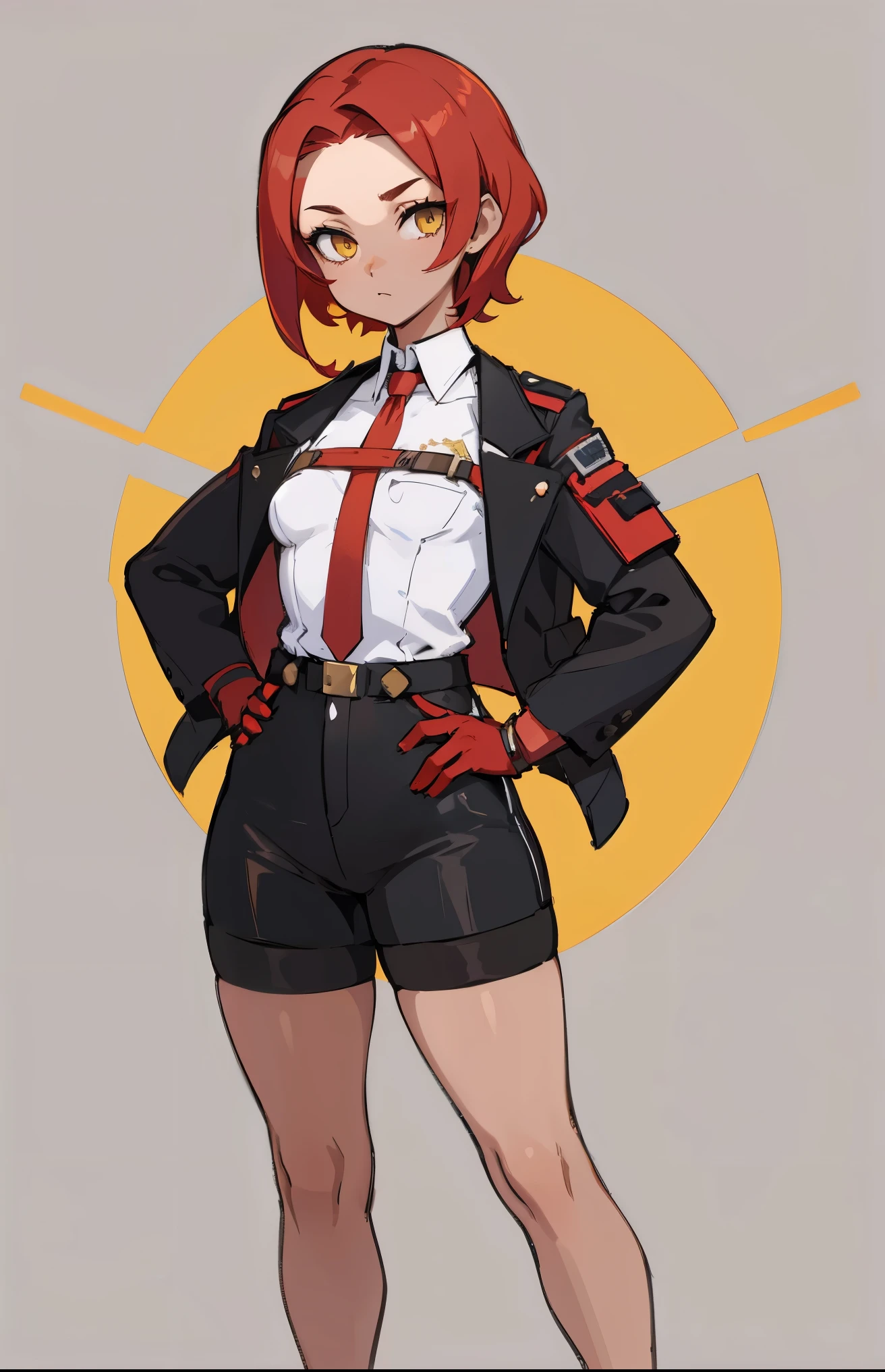 1girl, young woman, solo, short hair, Small hair, (forehead:1.2), yellow eyes, sharp ocular posture, (scarlet red hair), light brown skin tone, Athletic, muscular, medium breasts, (cropped jacket, black jacket), white shirt, collared shirt, (chest harness, shoulder strap:1.15), black leather shorts, pantyhose 7/8, garter belt, gloves, elegant, looking at viewer, standing, mustard color background, masterpiece, best quality, 4k