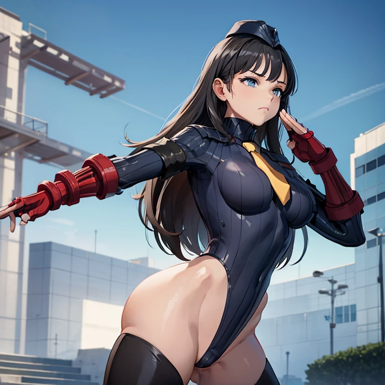 ultra-detailed, Explicit, Beautiful body, Beautiful Nose, Beautiful character design, perfect eyes, perfect face, ultra highres, 4K, beautiful legs, perfect legs, Nice hands, Perfect hand, Masterpiece, Best Quality, Highly detailed, illustration, absurdres, street fighter, doll suit, shadaloo doll, dollsuit, girls, multiple girls, expressionless, blank eyes, looking at viewer, red gloves, emotionless, black latex, corrution, mind control, female combatant, full body, hypnotized, unhappy trance, full body suit, ribbed bodysuit, both arms at side, obey, perfect female body, extremely glossy latex, hypnosis, hypnoLora, empty eyes, Mind control device, poses, submissive_pose, Slave, hat, necktie, stand up straight, standing, standing at attention, hat, necktie, belt, latex, ribbed bodysuit, brown hair, thighhighs, garter belt, Fighting Stance, extending the right arm from the shoulder into the air with a straightened hand, nazi saluting, military, military saluting, salute, thigh boots, Long hair, black hair, blue eyes, Komichi Akebi, akebi’s Sailor Uniform