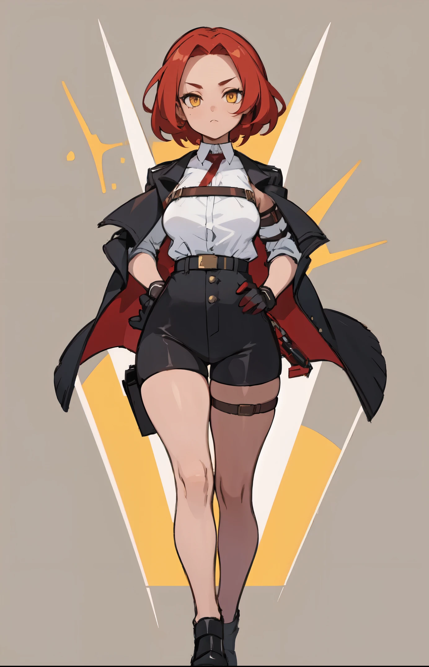 Female ,Enthusiastic, Round orange glass glasses, big breasts, Short orange hair, Small hips, Working as detective, detective clothes, investigating, weapon holsters