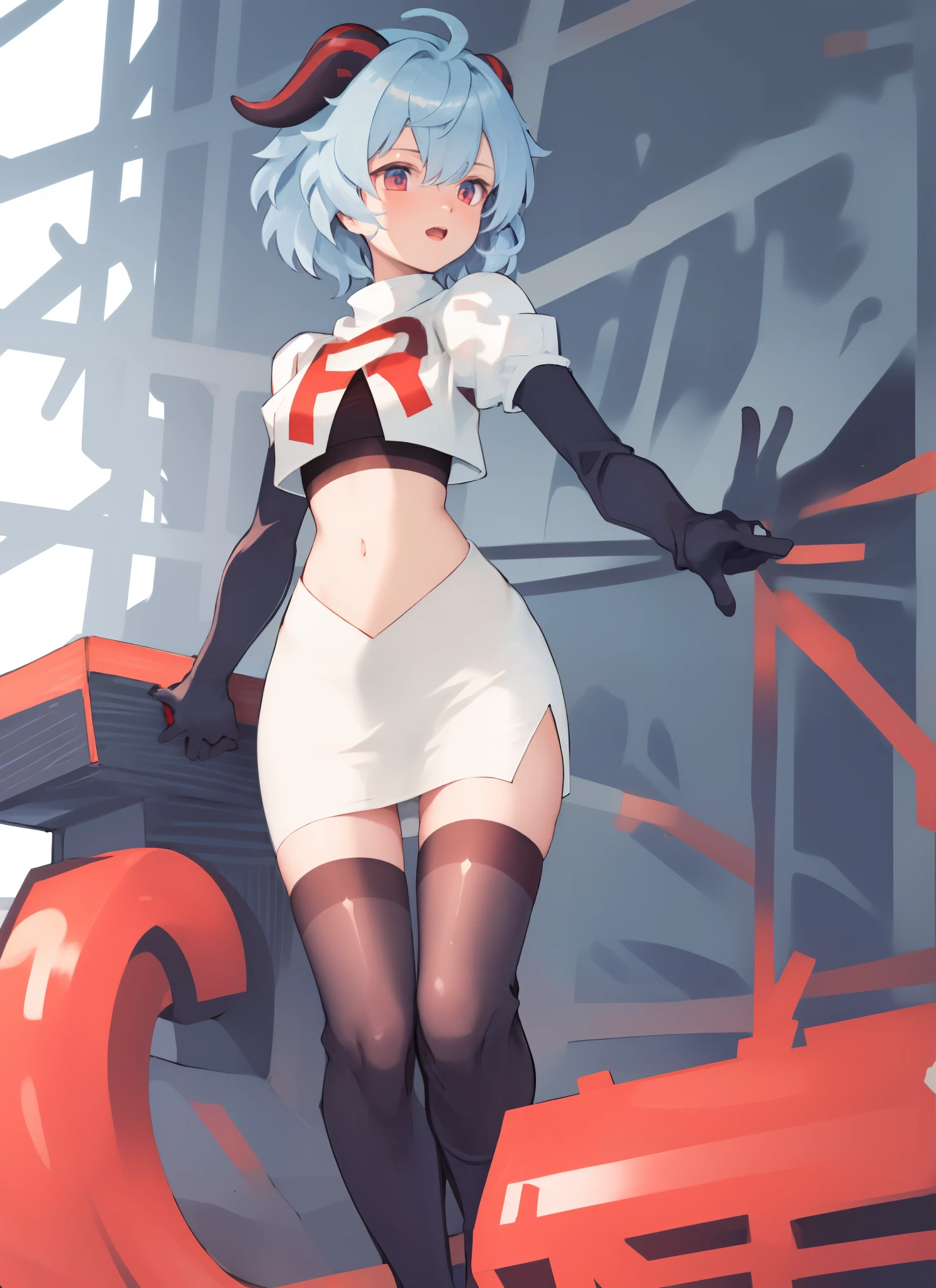 ganyudef, short hair, light blue hair, horns on head, team rocket,team rocket uniform, red letter R, white skirt,white crop top,black thigh-highs,black elbow gloves