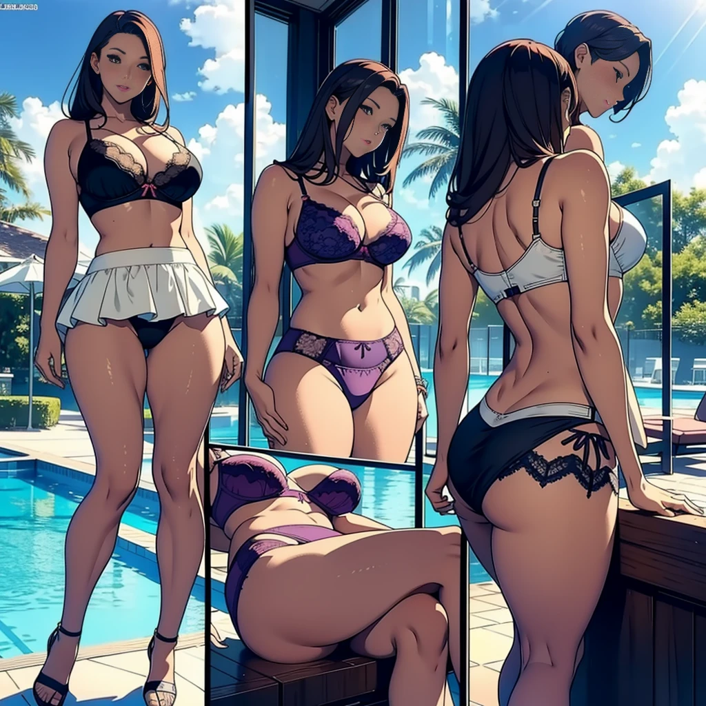 multiple thick body females wearing skirts lounging at pool with lots of glass doors with brightly lit daytime skies, all females wearing different style skirts and sexy bras, (lace pattern bra and panties), partially exposed panties underneath dress, some females show body from back view and some show body from front view to camera, show upskirt, ((spread her legs))\