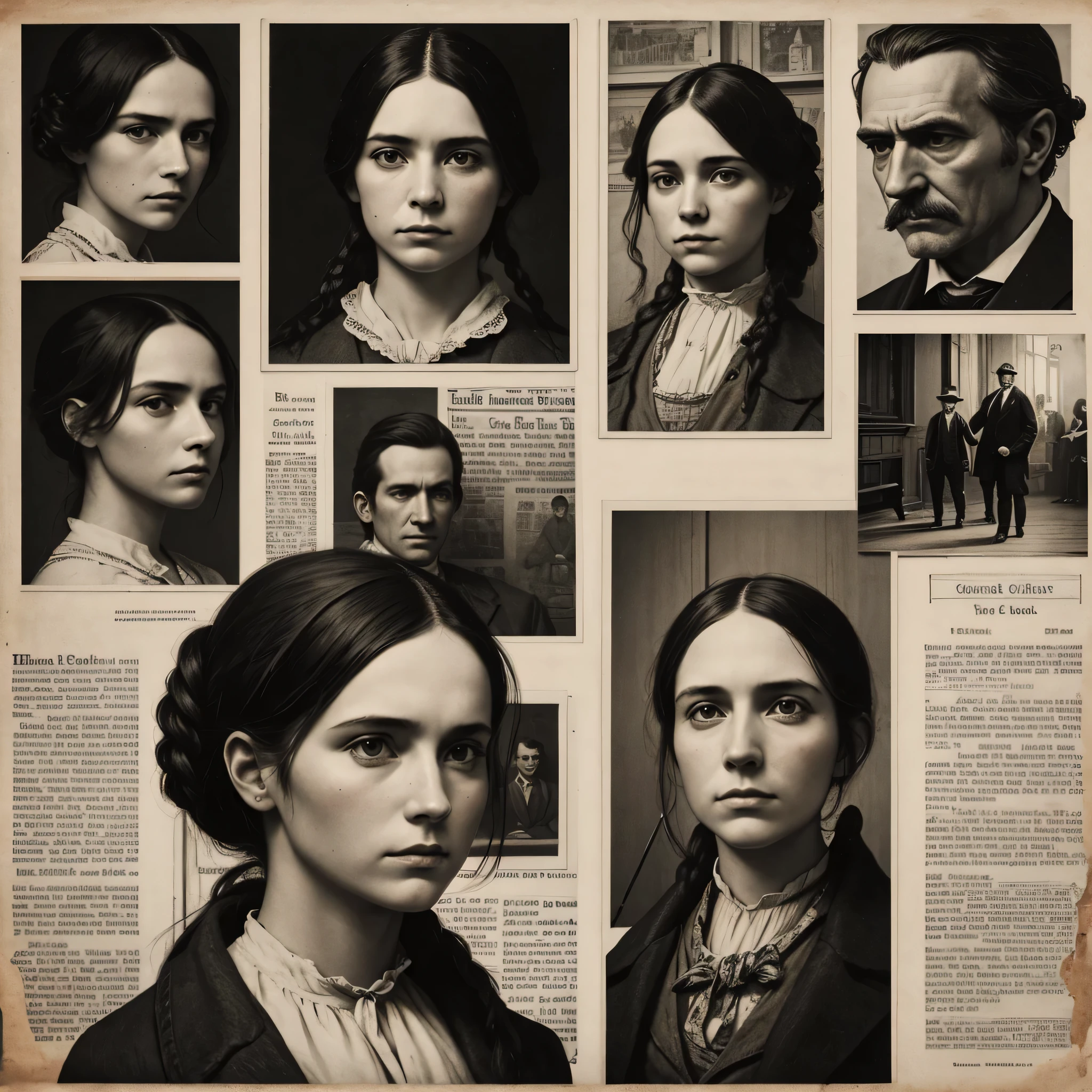 serial killer collage style photoshop a print of old 1800s newspaper photos or drawings of people get their heads onto the peoples. It can look bad. general DIY look with this piece.