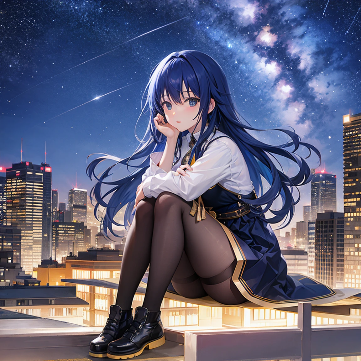 octans, sky, star (sky), scenery, starry sky, night, 1girl, night sky, solo, outdoors, building, cloud, milky way, sitting, tree, long hair, city, silhouette, cityscape