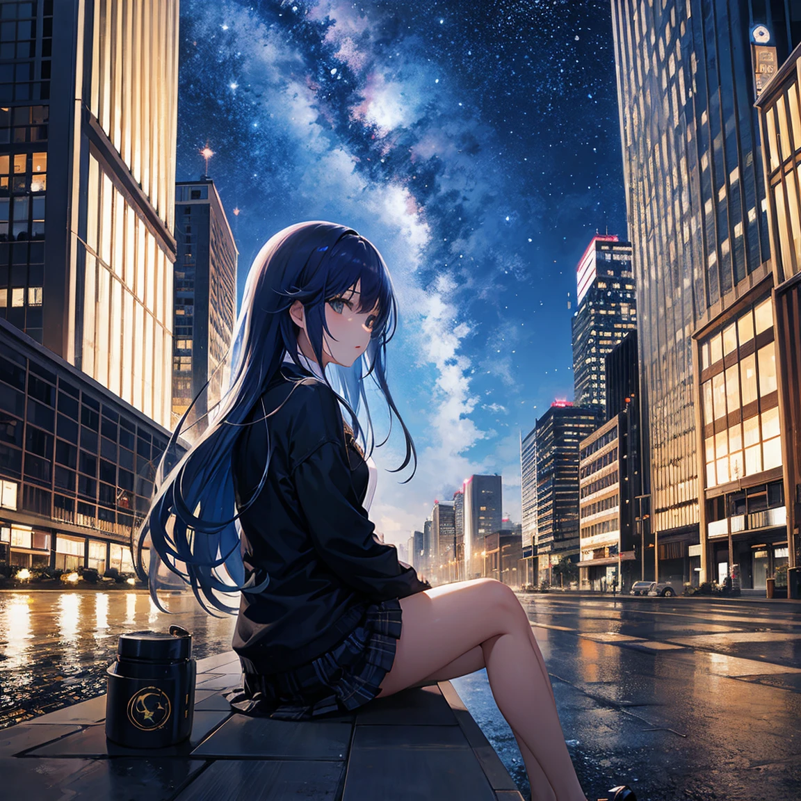octans, sky, star (sky), scenery, starry sky, night, 1girl, night sky, solo, outdoors, building, cloud, milky way, sitting, tree, long hair, city, silhouette, cityscape