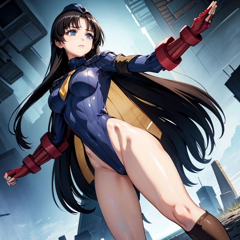 ultra-detailed, Explicit, Beautiful body, Beautiful Nose, Beautiful character design, perfect eyes, perfect face, ultra highres, 4K, beautiful legs, perfect legs, Nice hands, Perfect hand, Masterpiece, Best Quality, Highly detailed, illustration, absurdres, street fighter, doll suit, shadaloo doll, dollsuit, girls, multiple girls, expressionless, blank eyes, looking at viewer, red gloves, emotionless, black latex, corrution, mind control, female combatant, full body, hypnotized, unhappy trance, full body suit, ribbed bodysuit, both arms at side, obey, perfect female body, extremely glossy latex, hypnosis, hypnoLora, empty eyes, Mind control device, poses, submissive_pose, Slave, hat, necktie, stand up straight, standing, standing at attention, hat, necktie, belt, latex, ribbed bodysuit, thighhighs, garter belt, Fighting Stance, extending the right arm from the shoulder into the air with a straightened hand, nazi saluting, military, military saluting, salute, thigh boots, Long hair, black hair, blue eyes, Tsuzaki Aoba, Jinki: Extend