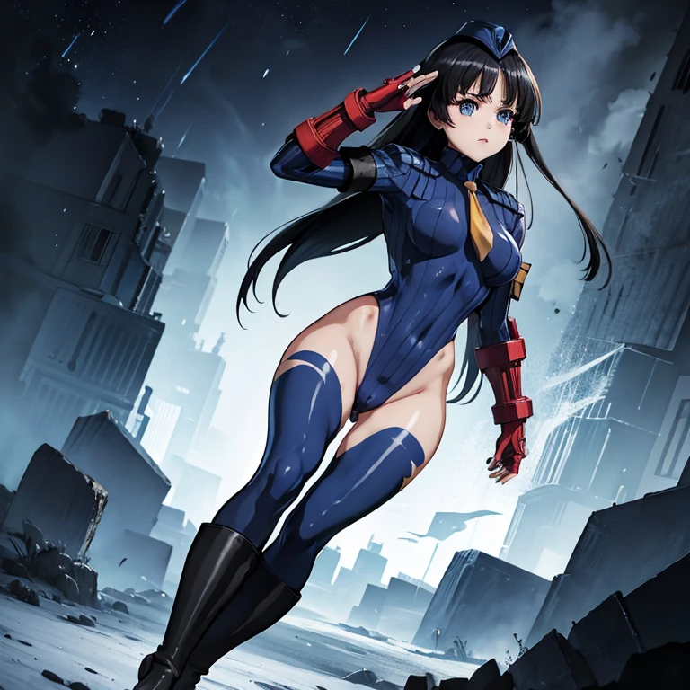 ultra-detailed, Explicit, Beautiful body, Beautiful Nose, Beautiful character design, perfect eyes, perfect face, ultra highres, 4K, beautiful legs, perfect legs, Nice hands, Perfect hand, Masterpiece, Best Quality, Highly detailed, illustration, absurdres, street fighter, doll suit, shadaloo doll, dollsuit, girls, multiple girls, expressionless, blank eyes, looking at viewer, red gloves, emotionless, black latex, corrution, mind control, female combatant, full body, hypnotized, unhappy trance, full body suit, ribbed bodysuit, both arms at side, obey, perfect female body, extremely glossy latex, hypnosis, hypnoLora, empty eyes, Mind control device, poses, submissive_pose, Slave, hat, necktie, stand up straight, standing, standing at attention, hat, necktie, belt, latex, ribbed bodysuit, thighhighs, garter belt, Fighting Stance, extending the right arm from the shoulder into the air with a straightened hand, nazi saluting, military, military saluting, salute, thigh boots, Long hair, black hair, blue eyes, Tsuzaki Aoba, Jinki: Extend