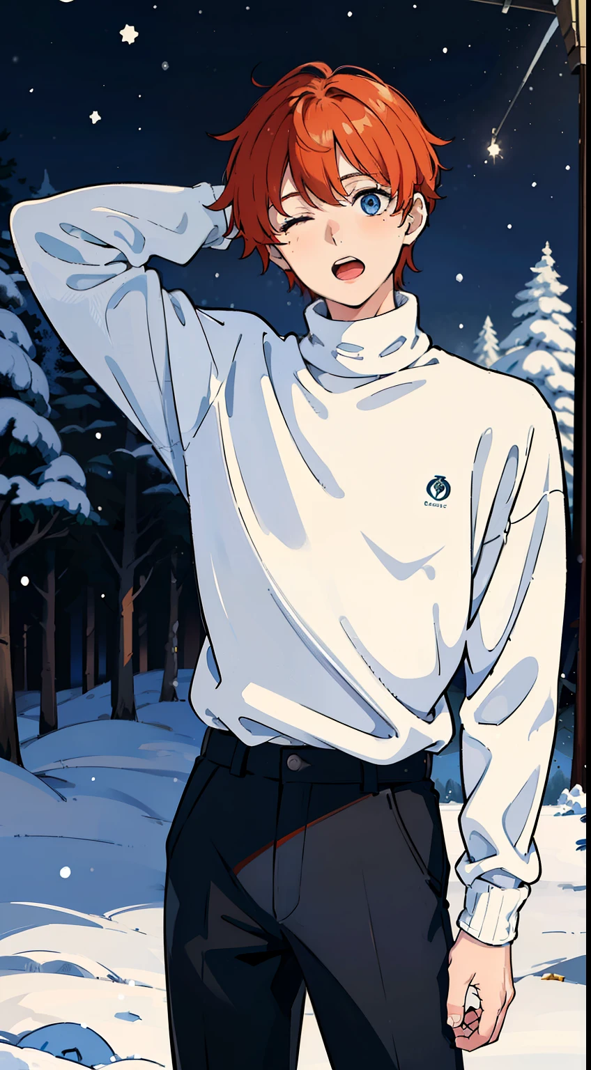 (1boy,,18 years old), orange hair, blue eyes,(black pants),(((white sweater,turtleneck))),(snow,snowing,night,in a forest,night),((sleep face,open mouth)),cowboy shot,((standing,from front)),night,one eye closed,one hand on head