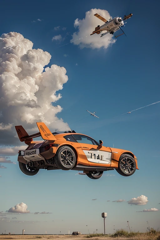 wheelless flying car with rocket on the back and clouds in the background