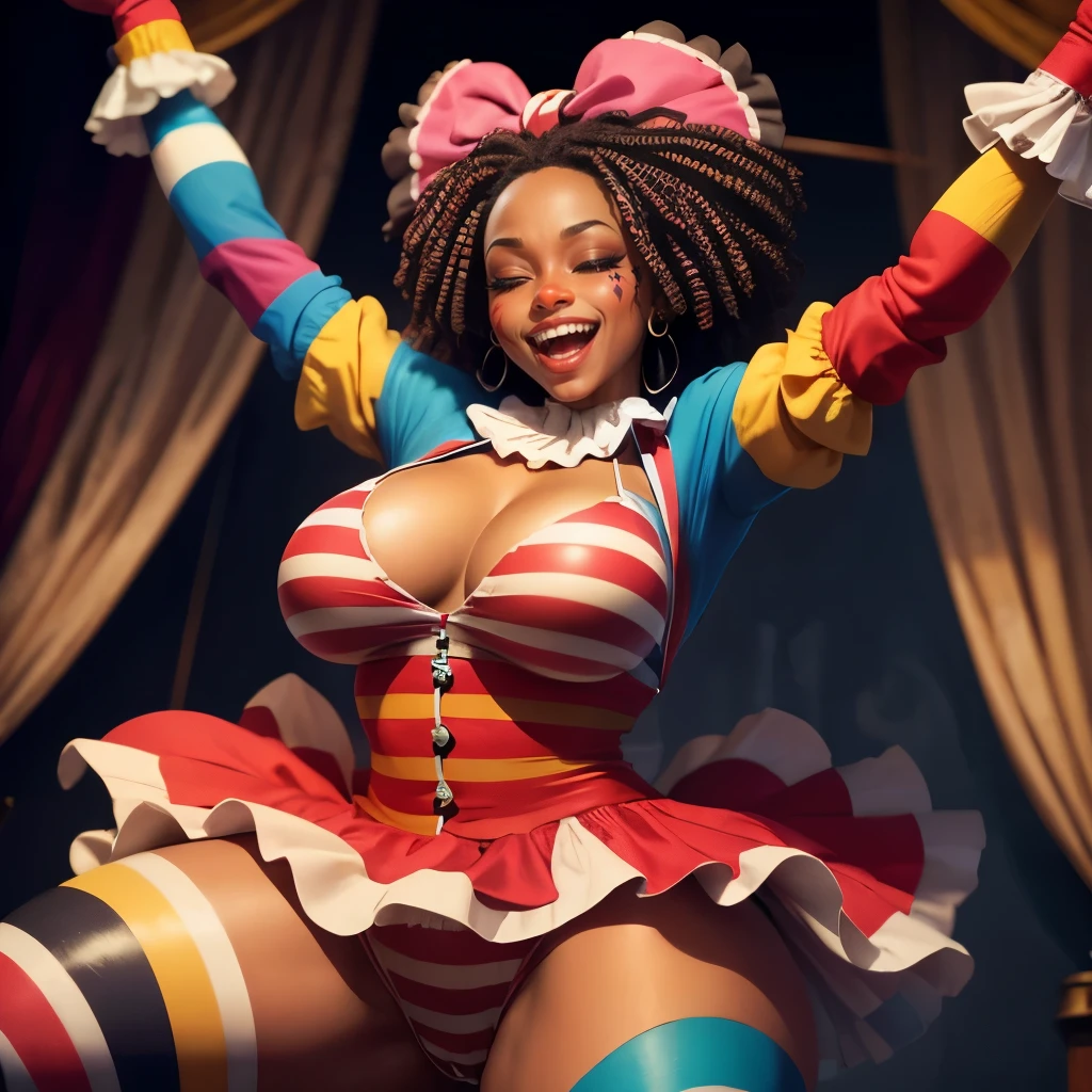 (Ebony), clown, (eyes closed),  laughing, sexy, thicc, circus, magic, fix face