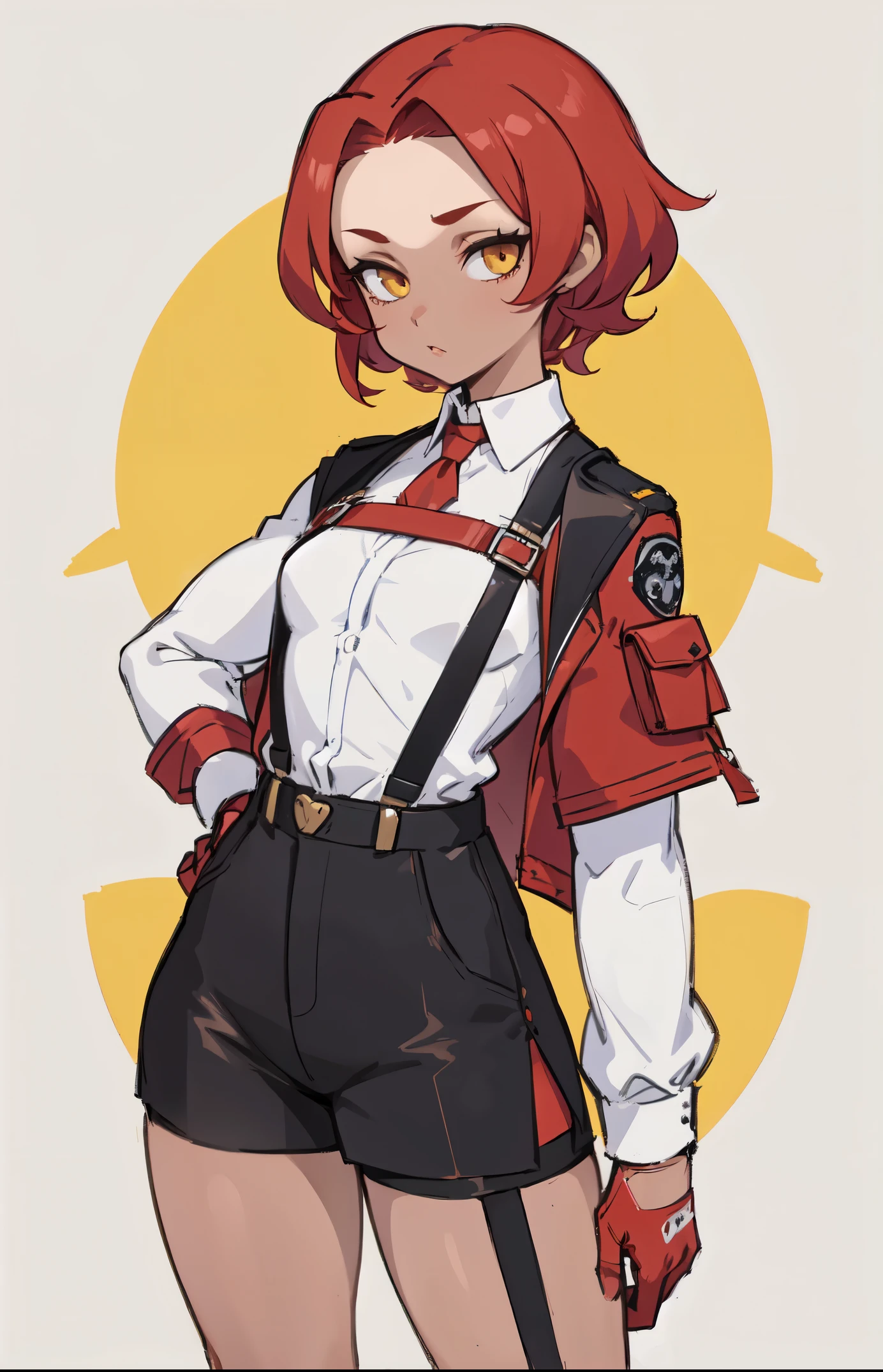 1girl, young woman, solo, short hair, Small hair, (forehead:1.2), yellow eyes, sharp ocular posture, (scarlet red hair), light brown skin tone, Athletic, muscular, medium breasts, (cropped jacket, black jacket), white shirt, collared shirt, (chest harness, shoulder strap:1.15), black leather shorts, pantyhose 7/8, garter belt, gloves, elegant, looking at viewer, standing, mustard color background, masterpiece, best quality, 4k