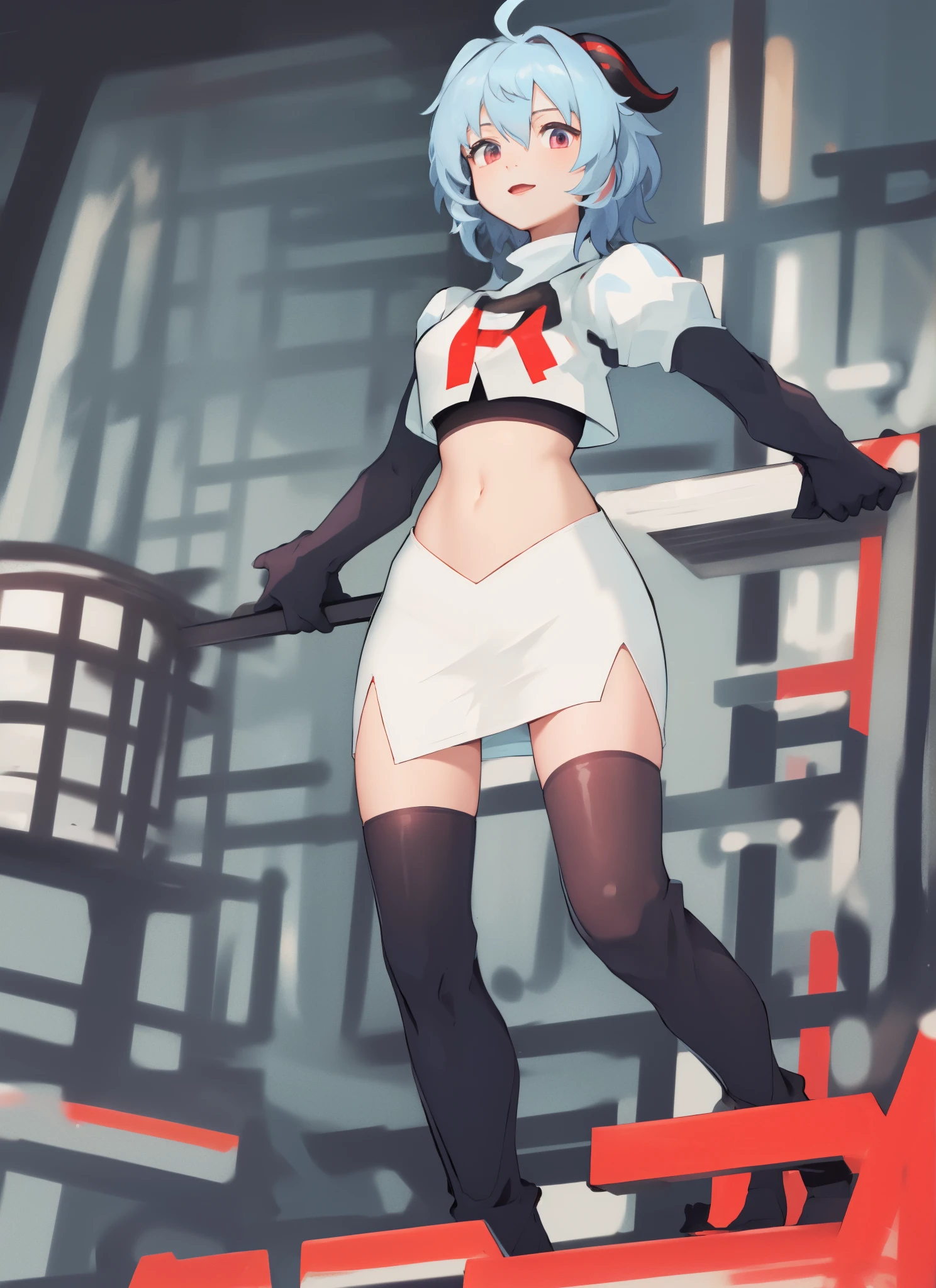 ganyudef, short hair, team rocket,team rocket uniform, red letter R, white skirt,white crop top,black thigh-highs,black elbow gloves