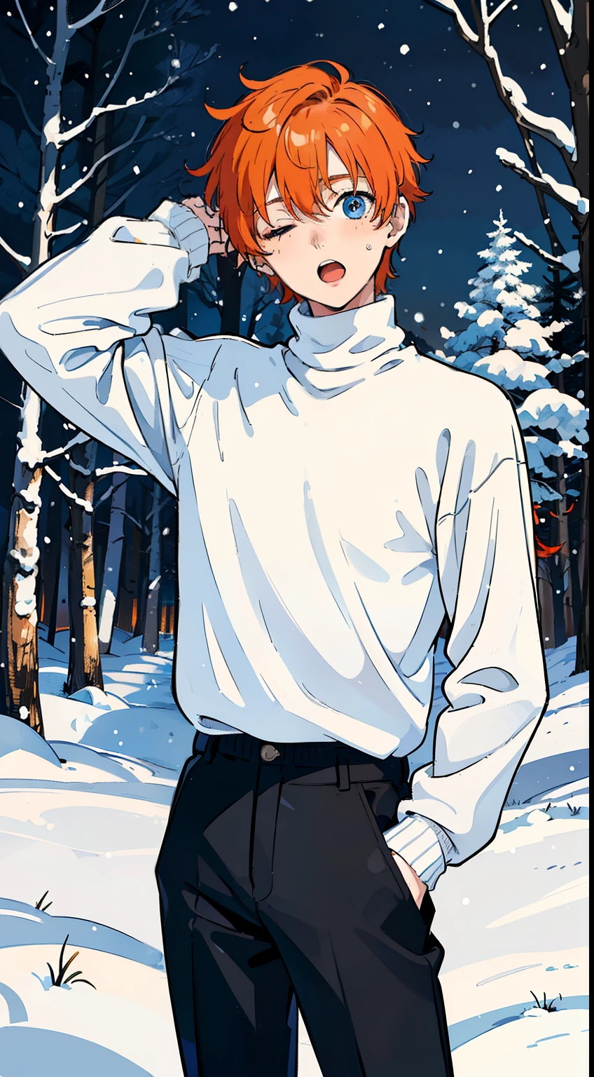 (1boy,teen,18 years old), orange hair, blue eyes,(black pants),(((white sweater,turtleneck))),(snow,snowing,night,in a forest,night),((sleepy face,open mouth)),cowboy shot,((standing,from front)),night,one eye closed,one hand on head
