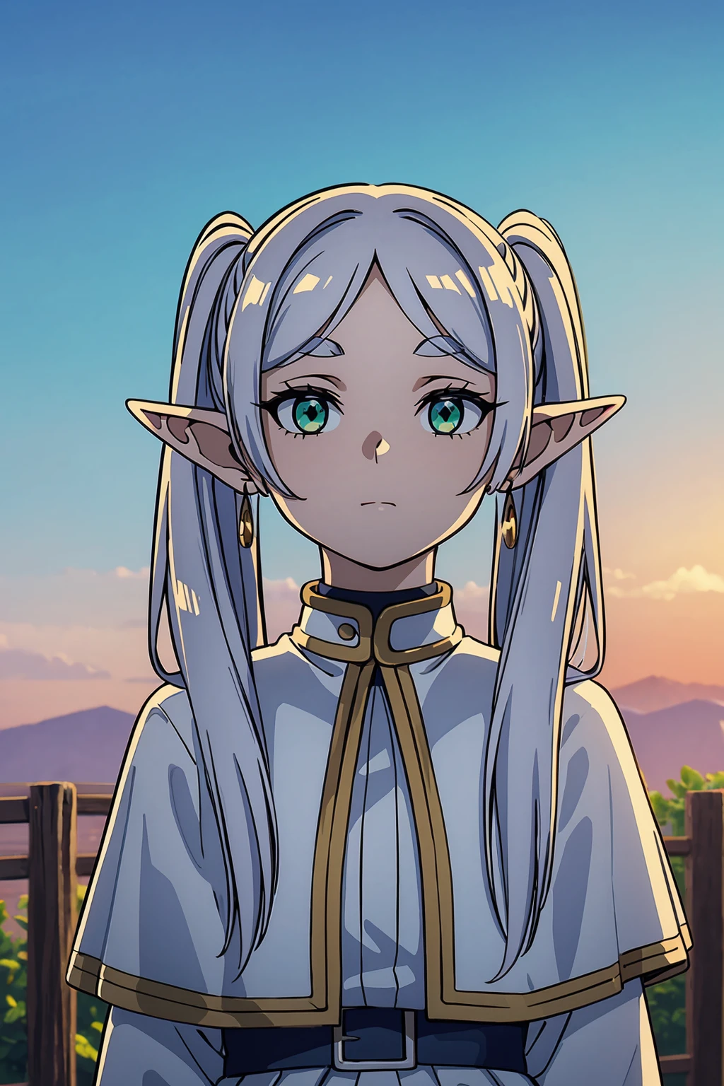 masterpiece, ultra high quality, high defition, high detail, 4K, 8K, 1girl, frieren, expressionless, grey hair, earrings, pointy ears, long hair, ponytail, green eyes, twintails, parted bangs, thick eyebrows, collared capelet, gold line capelet, white capelet, striped shirt, BREAK, dawn, behind of wooden fence, face illuminated by the dawn light, sky, outdoor, BREAK, upper body, from below, animated painting, medieval
,BREAK, beautiful face, best quality, 18yo