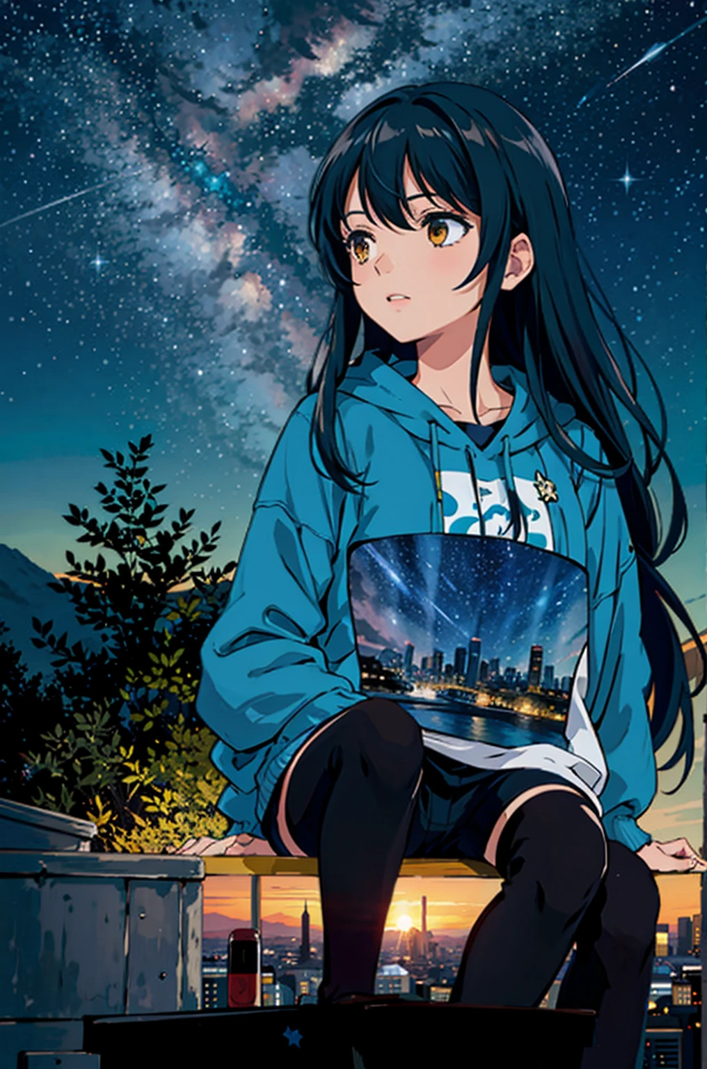 octans, sky, star (sky), scenery, starry sky, night, 1girl, night sky, solo, outdoors, signature, building, cloud, milky way, sitting, tree, long hair, city, silhouette, cityscape