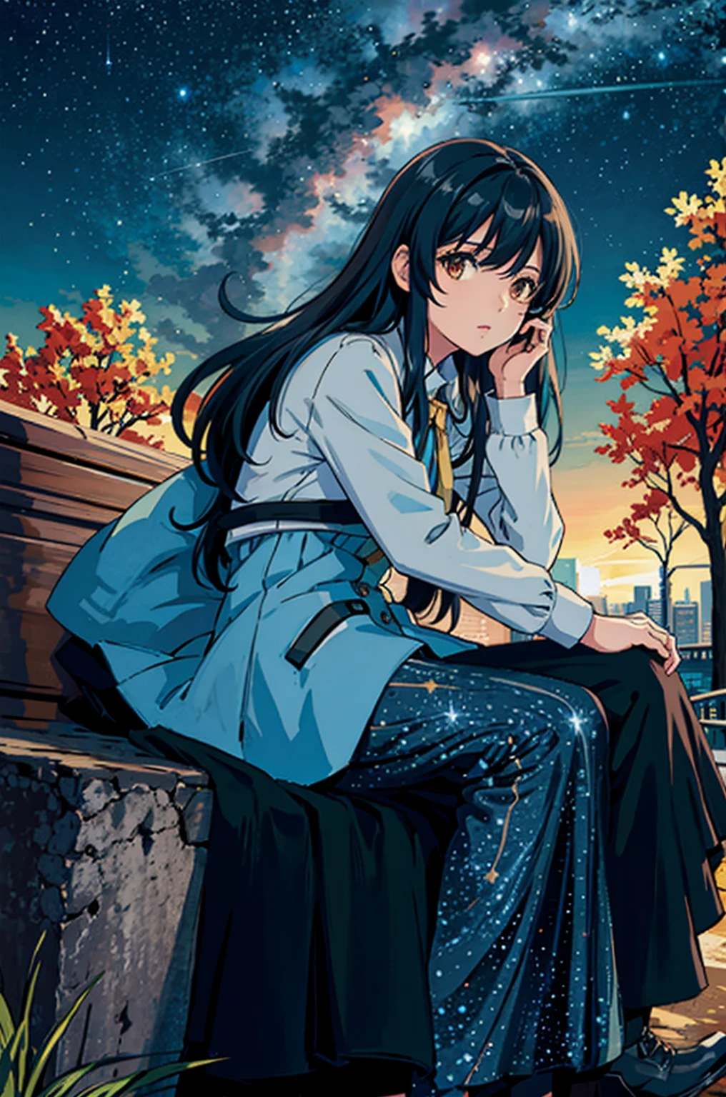 octans, sky, star (sky), scenery, starry sky, night, 1girl, night sky, solo, outdoors, signature, building, cloud, milky way, sitting, tree, long hair, city, silhouette, cityscape