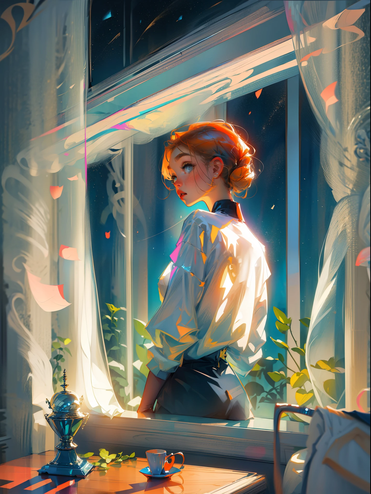 best quality, (masterpiece:1.2), illustration, absurdres, (1girl, solo), (beautiful detailed girl), ((upper body, portrait)),, Kaela MacMillan, short hair, orange hair, blue eyes, medium breasts, blue crystal earrings, white jacket, , cool, calm, looking at viewer,, inside elegant bedroom, night, window, curtain, starry sky, lamp, bookcase, nightstand, vase, desk,