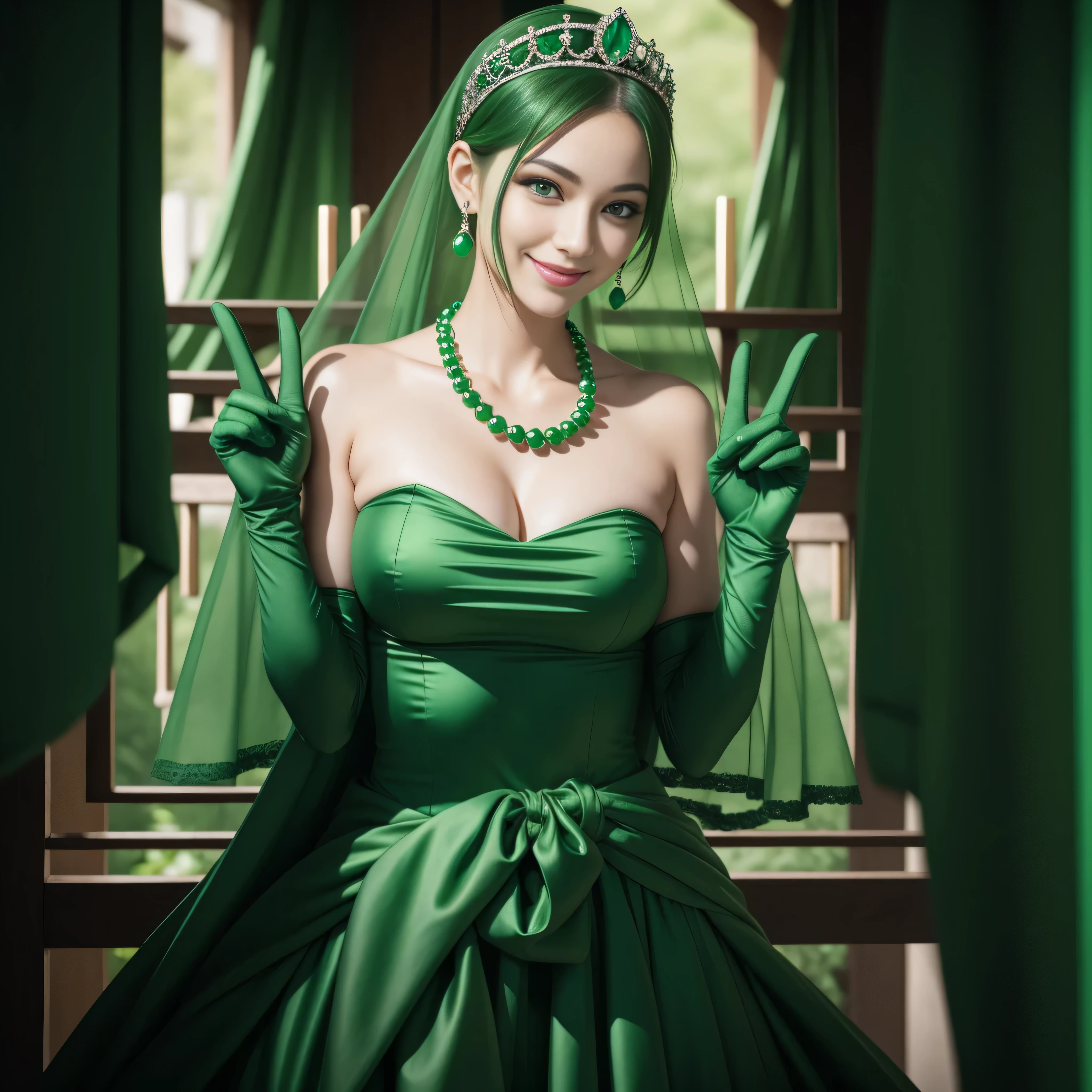emerald tiara, Green Pearl Necklace, Boyish very short green hair, lipsticks, Japan woman smiling, very short short hair, big breasts beautiful, Green eyes, Long green gloves made of satin material, Green eyes, Emerald Earrings, green vale, v sign
