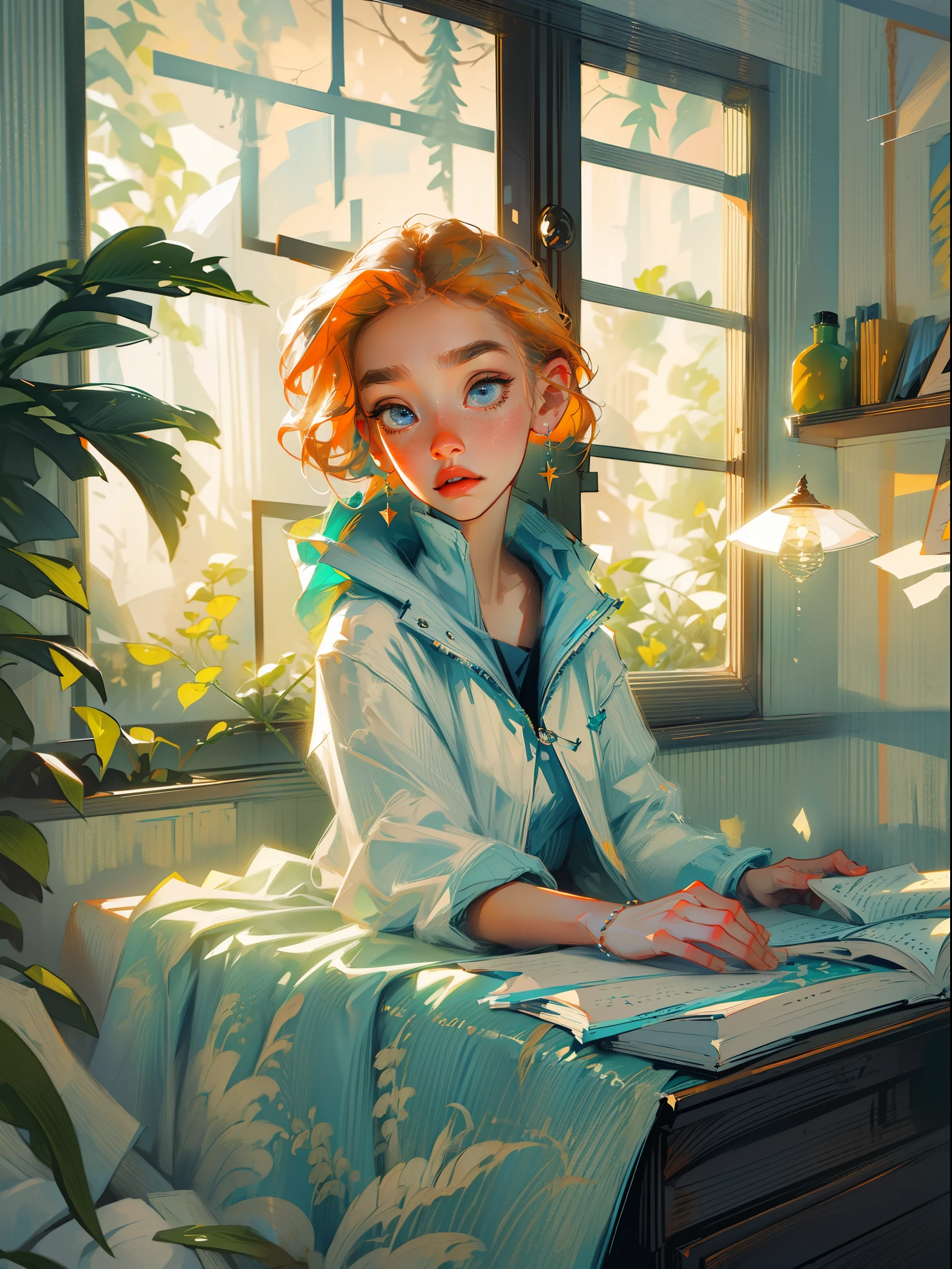 best quality, (masterpiece:1.2), illustration, absurdres, (1girl, solo), (beautiful detailed girl), ((upper body, portrait)),, Kaela MacMillan, short hair, orange hair, blue eyes, medium breasts, blue crystal earrings, white jacket, , cool, calm, looking at viewer,, inside elegant bedroom, night, window, curtain, starry sky, lamp, bookcase, nightstand, vase, desk,