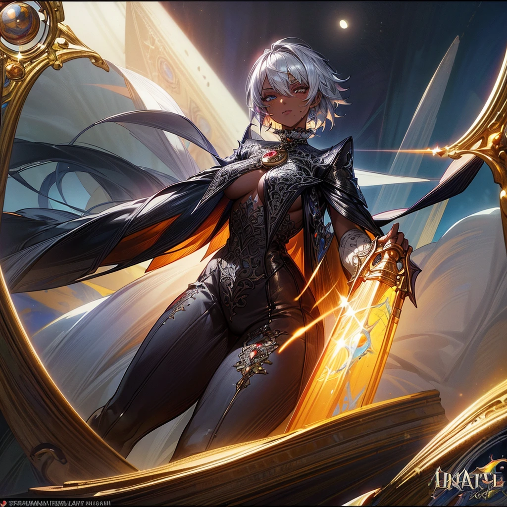 Warrior witch, (((masterpiece))), (((best quality))), ((8k)), ((ultradated)), (1 dark-skinned human woman: 1.2), (white hair 1.3) , (((Heterochromia, in the eyes, red and yellow: 1.2))),(((Official art, masterpiece, ultra-detailed))), (((best quality: 1.2, intricate details, ultra-high resolution: 1.2))), full body, model photo, latex costume, combat, Fantasy Art, (Fantasyart), magic dress, black, custom style, witch photo, starry sky, moon, cinematic shot, natural light, light particles,