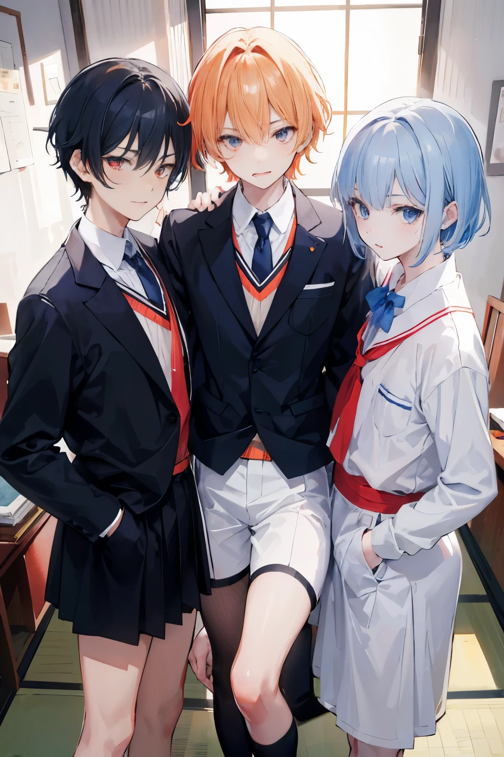 Three male students. The first guy has dark blue short hair., and burning orange eyes, the second guy has dark hair, the third guy has long blond hair, school uniform, old japanese school, absurdress, hight resolution, Ultra-spicy, 8K, Masterpiece, looking a viewer, Detailed Face