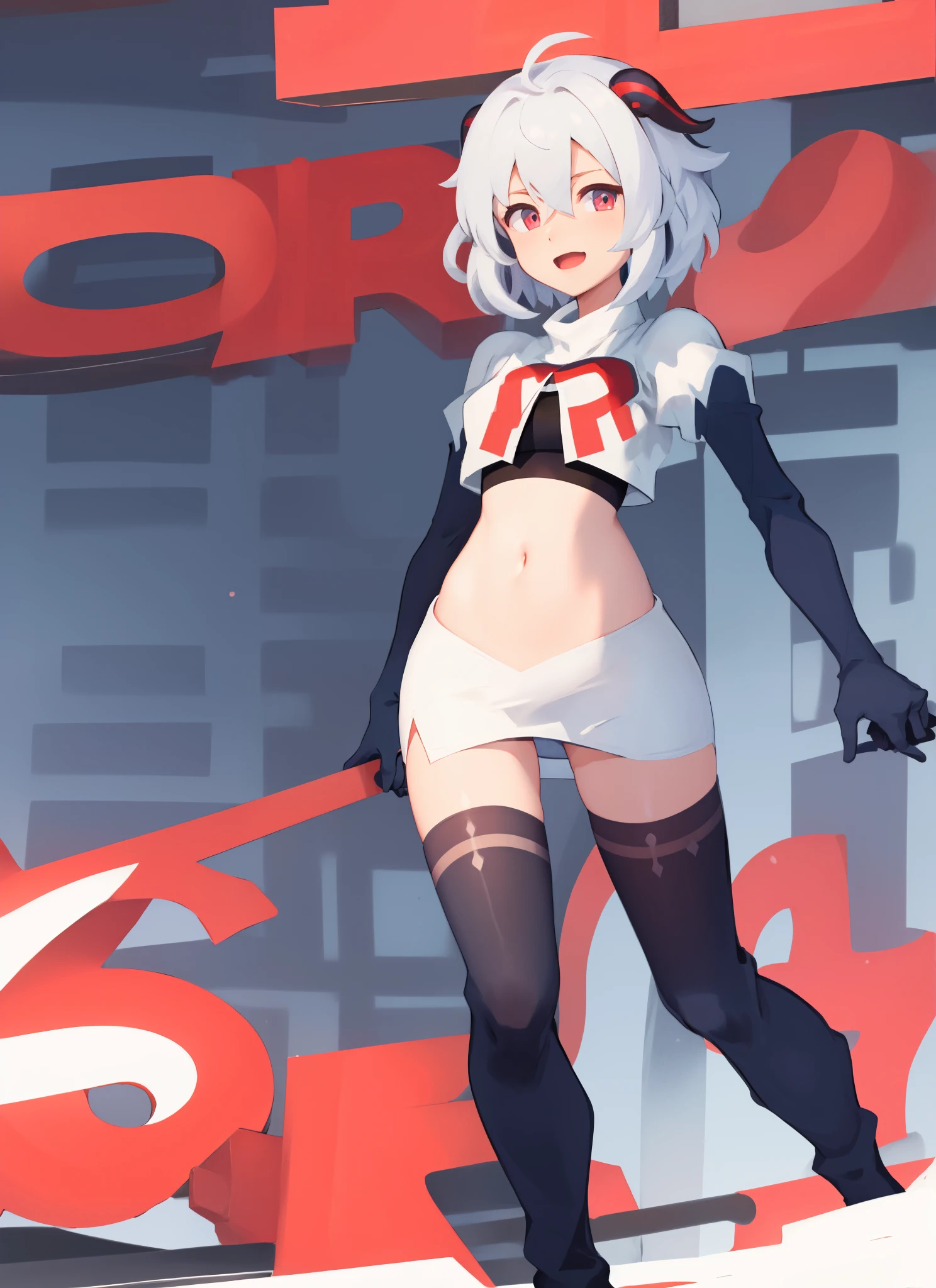 ganyudef, short hair, team rocket,team rocket uniform, red letter R, white skirt,white crop top,black thigh-highs,black elbow gloves