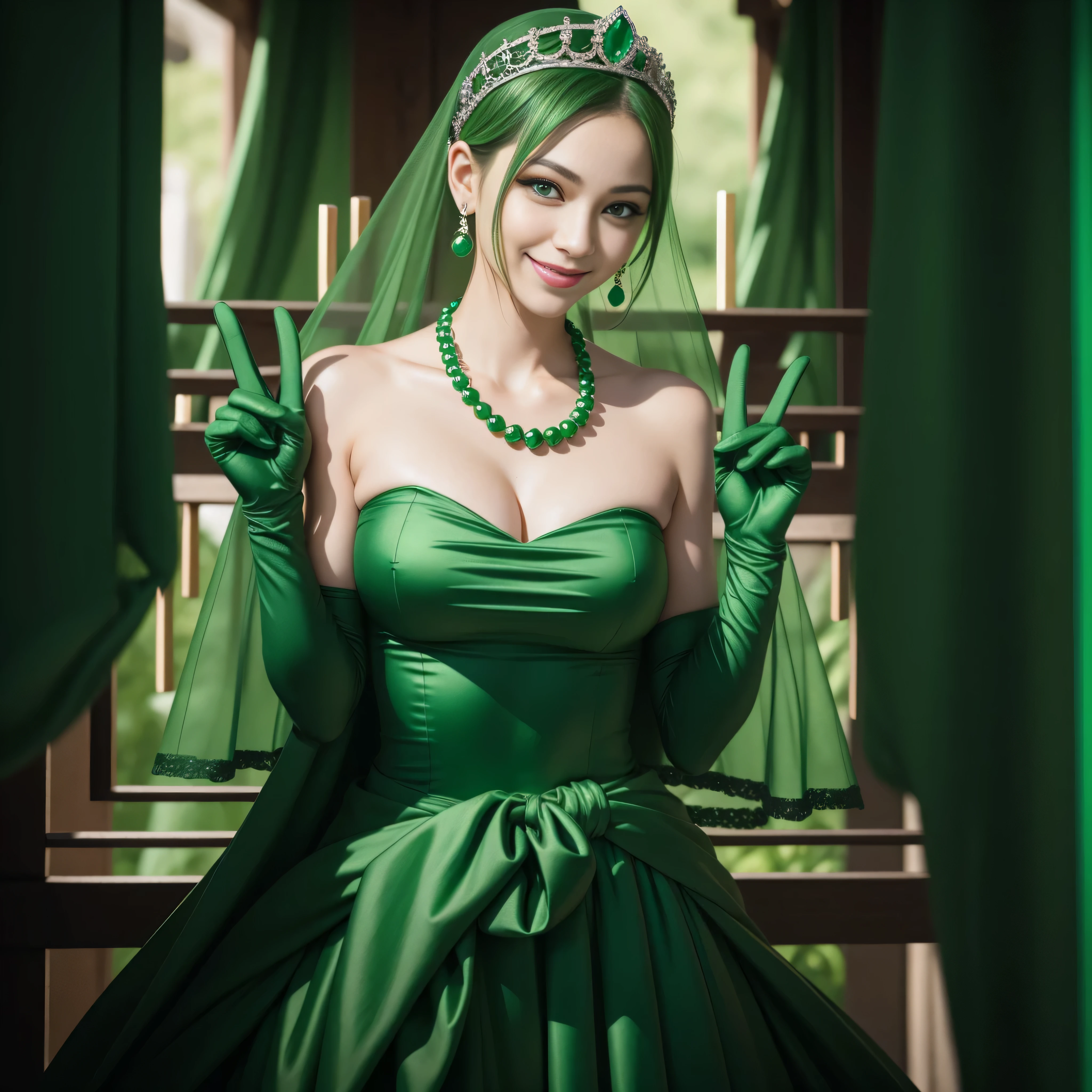 emerald tiara, Green Pearl Necklace, Boyish very short green hair, lipsticks, Japan woman smiling, very short short hair, big breasts beautiful, Green eyes, Long green gloves made of satin material, Green eyes, Emerald Earrings, green vale, v sign