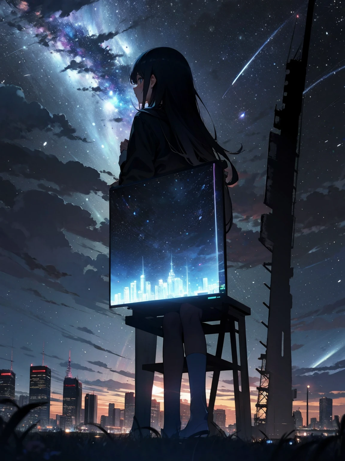 sky, star (sky), scenery, starry sky, night, 1girl, night sky, solo, outdoors, building, cloud, milky way, sitting, tree, long hair, city, silhouette, cityscape