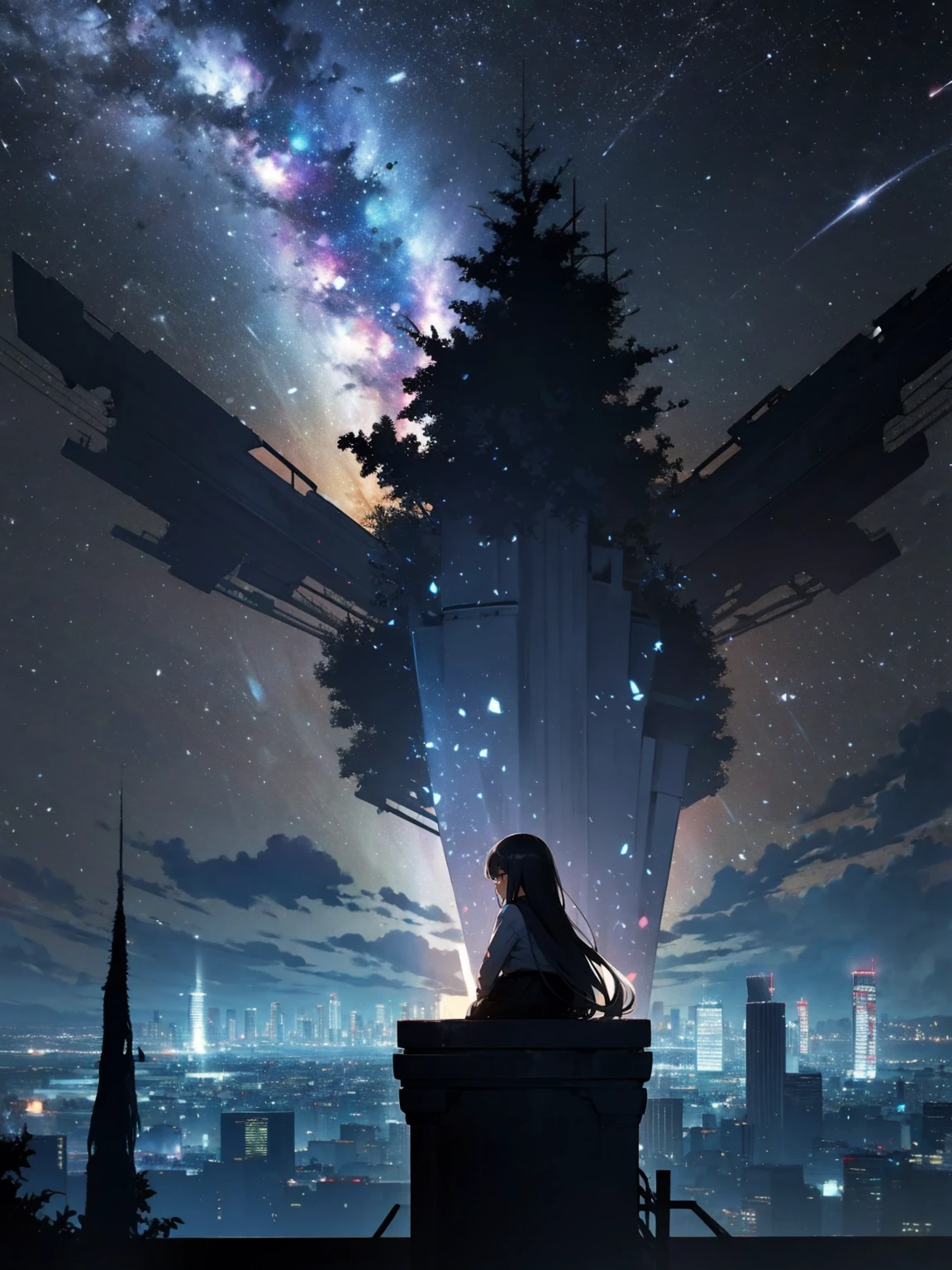 sky, star (sky), scenery, starry sky, night, 1girl, night sky, solo, outdoors, building, cloud, milky way, sitting, tree, long hair, city, silhouette, cityscape