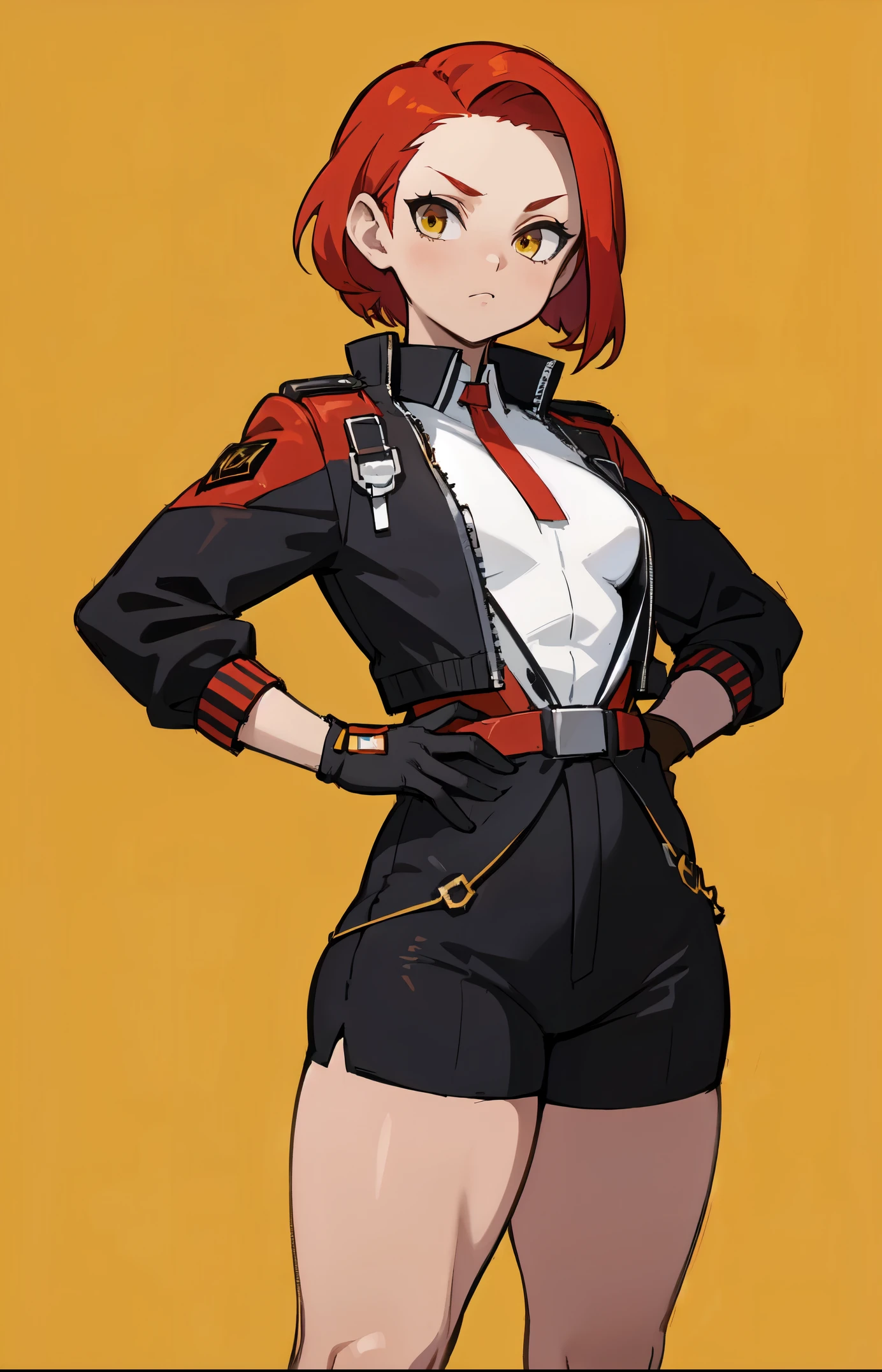 1girl, young woman, solo, short hair, Small  hair, (forehead:1.2), yellow eyes, sharp ocular posture, (scarlet red hair), light brown skin tone, Athletic, muscular, medium breasts, (cropped jacket, black jacket), white shirt, collared shirt, (chest harness, shoulder strap:1.15), black leather shorts, pantyhose 7/8, garter belt, gloves, elegant, looking at viewer, standing, mustard color background, masterpiece, best quality, 4k