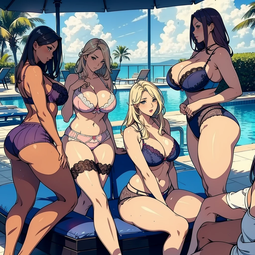 multiple thick body females wearing skirts lounging at pool with lots of glass doors with brightly lit daytime skies, all females wearing different style and skirts and sexy bras, (different colors)( lace pattern bra and panties), partially exposed panties underneath dress, some females show body from back view and some show body from front view to camera, show upskirt, ((spread her legs))