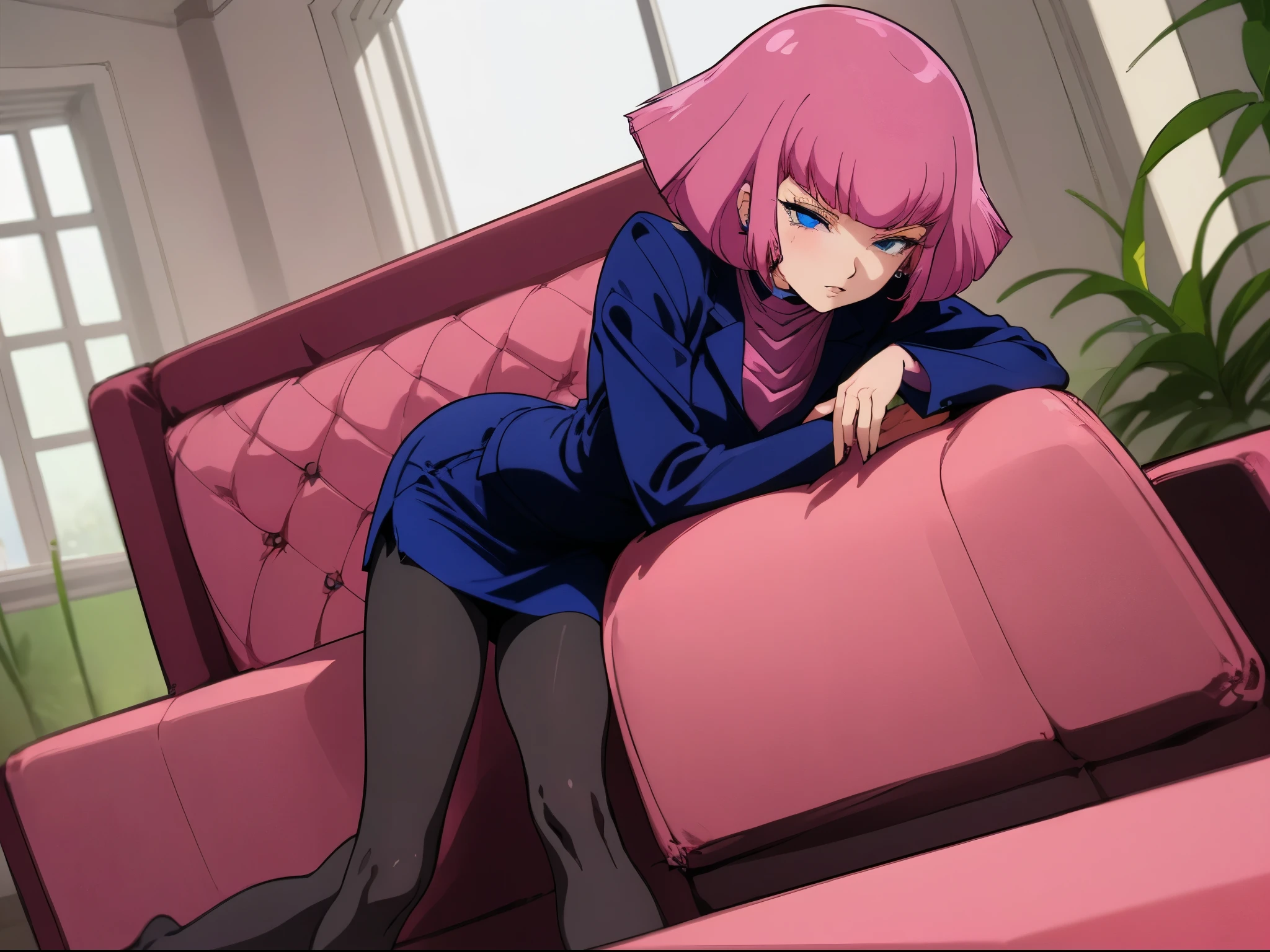 best quality,beautiful detailed,anime keyvisual,
solo,
haman_karn,1woman,pink hair,short hair,sidelocks,bangs,eyebrows,double eyelid,blue eyes,sharp eyes,aged up,
Business Clothes, pantyhose, Business skirt,sofa,lie down,book,window,sunshine,indoor,plants,